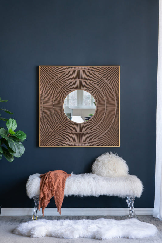 40" x 40" Square Carved Mirror with Pleated Design with Gold Iron Frame, Neutral Colorway Wall Decor for Living Room Bathroom Entryway