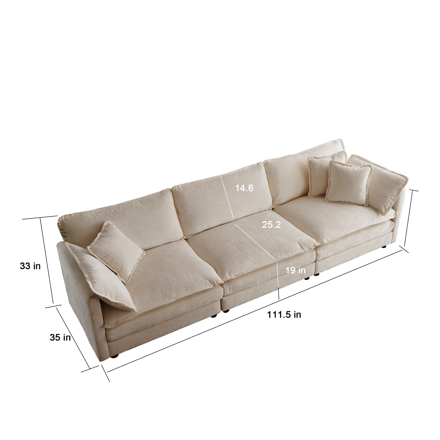 Mid-Century Modern Couch 3-Seater Sofa with Pillows