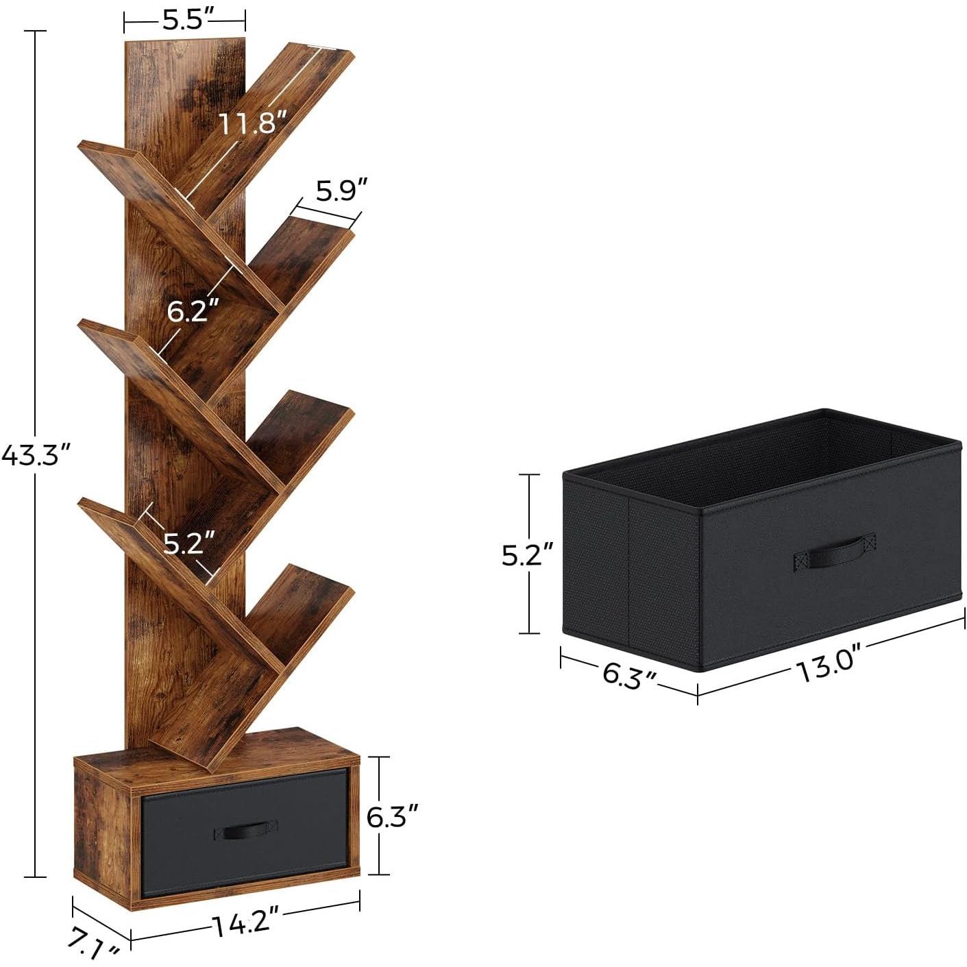 Rustic Brown 7 Shelf Tree Bookshelf With Drawer Living Room