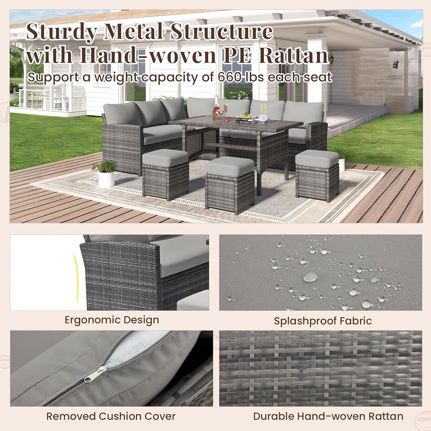 7 Piece Outdoor Patio Sectional Set All Weather Wicker Grey Cushions in a stylish outdoor setting with durable design features.