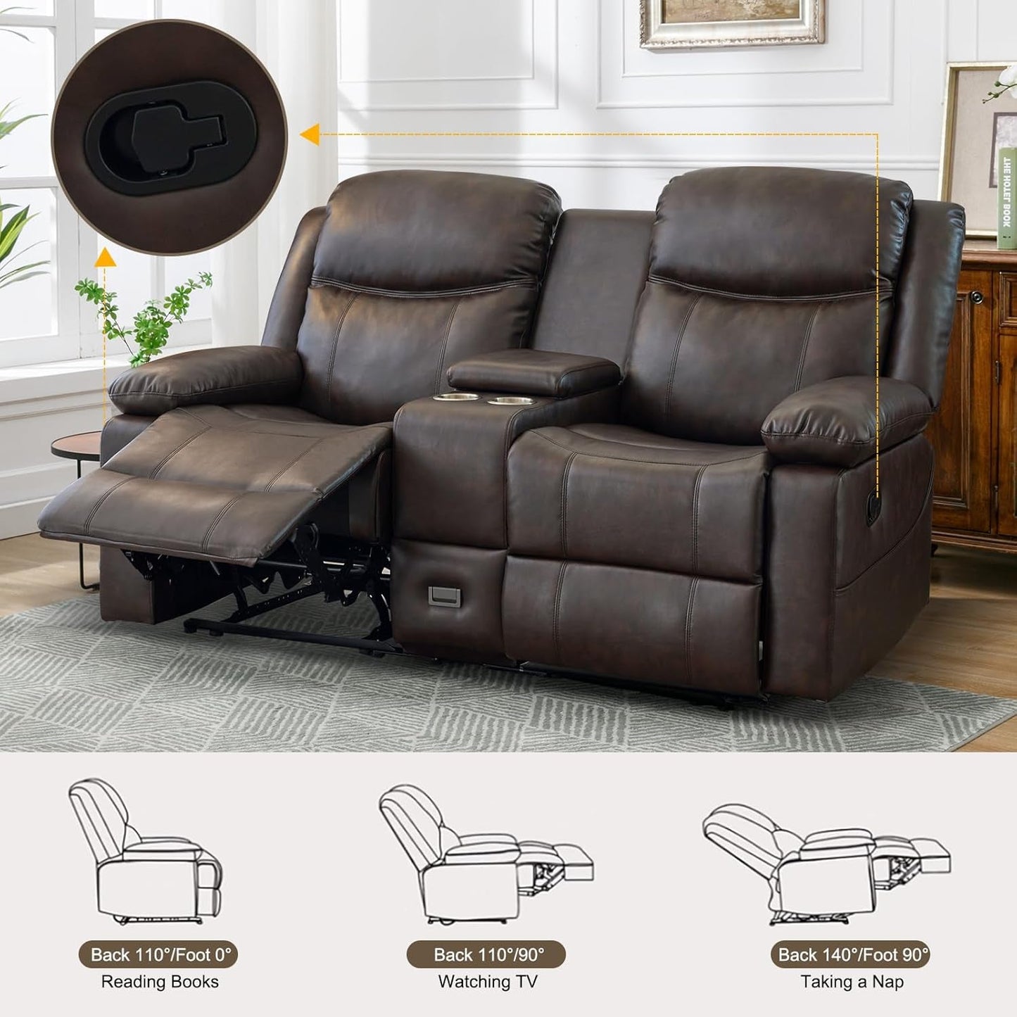 Brown PU Leather Two Seater Loveseat Recliner With Console And Double Reclining