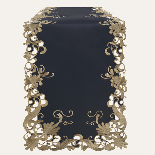 Gold Lace Table Runner – Vintage Blue Embroidered European Dining Decor 14x108 Inch