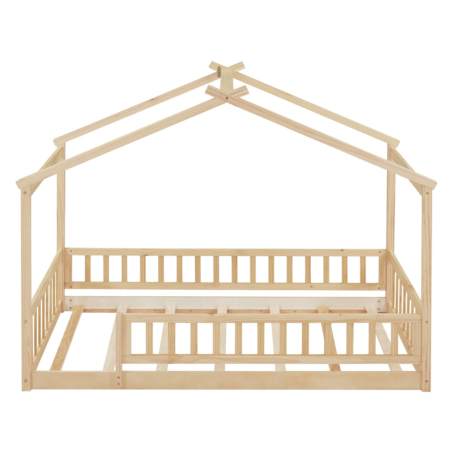 Twin Size Wood Bed House Bed Frame with Fence, for Kids, Teens, Girls, Boys,Natural