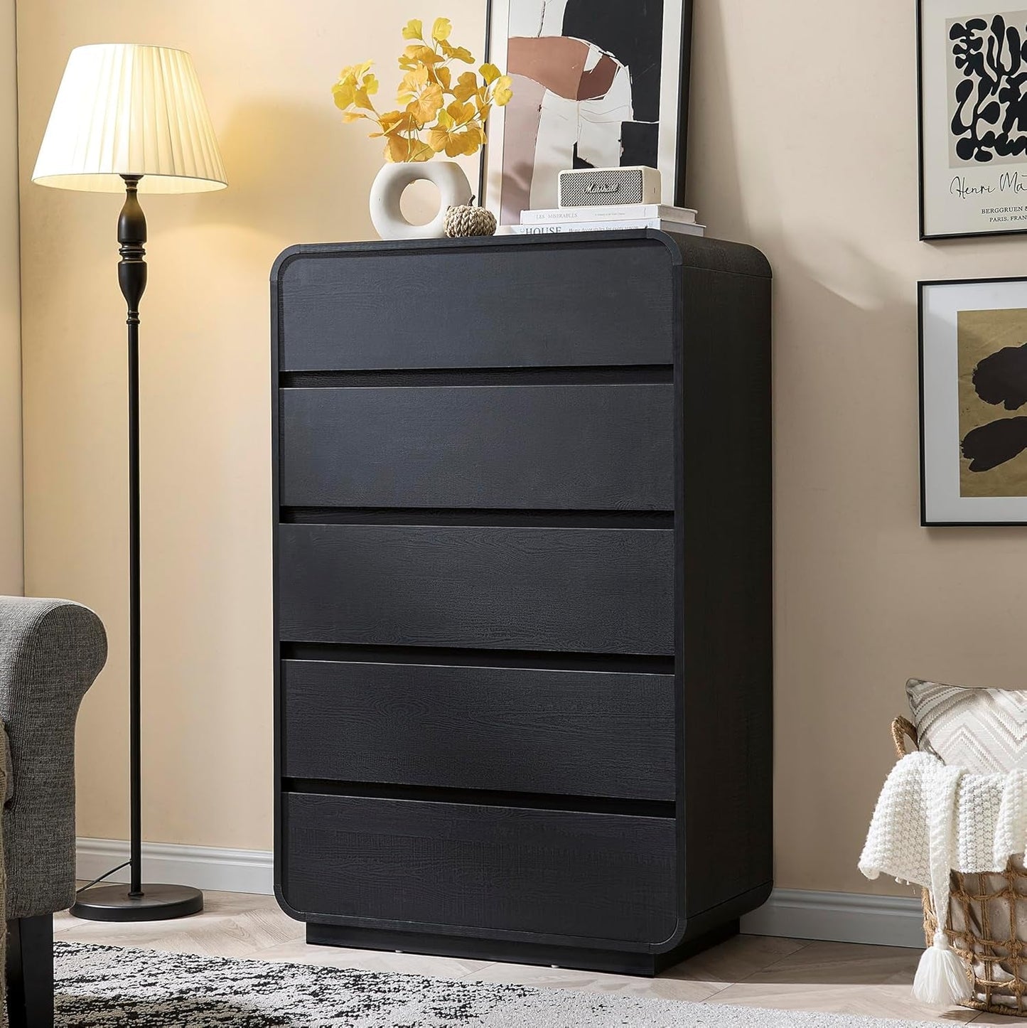 Black Hardwood Dresser With Curved Front Storage Panel