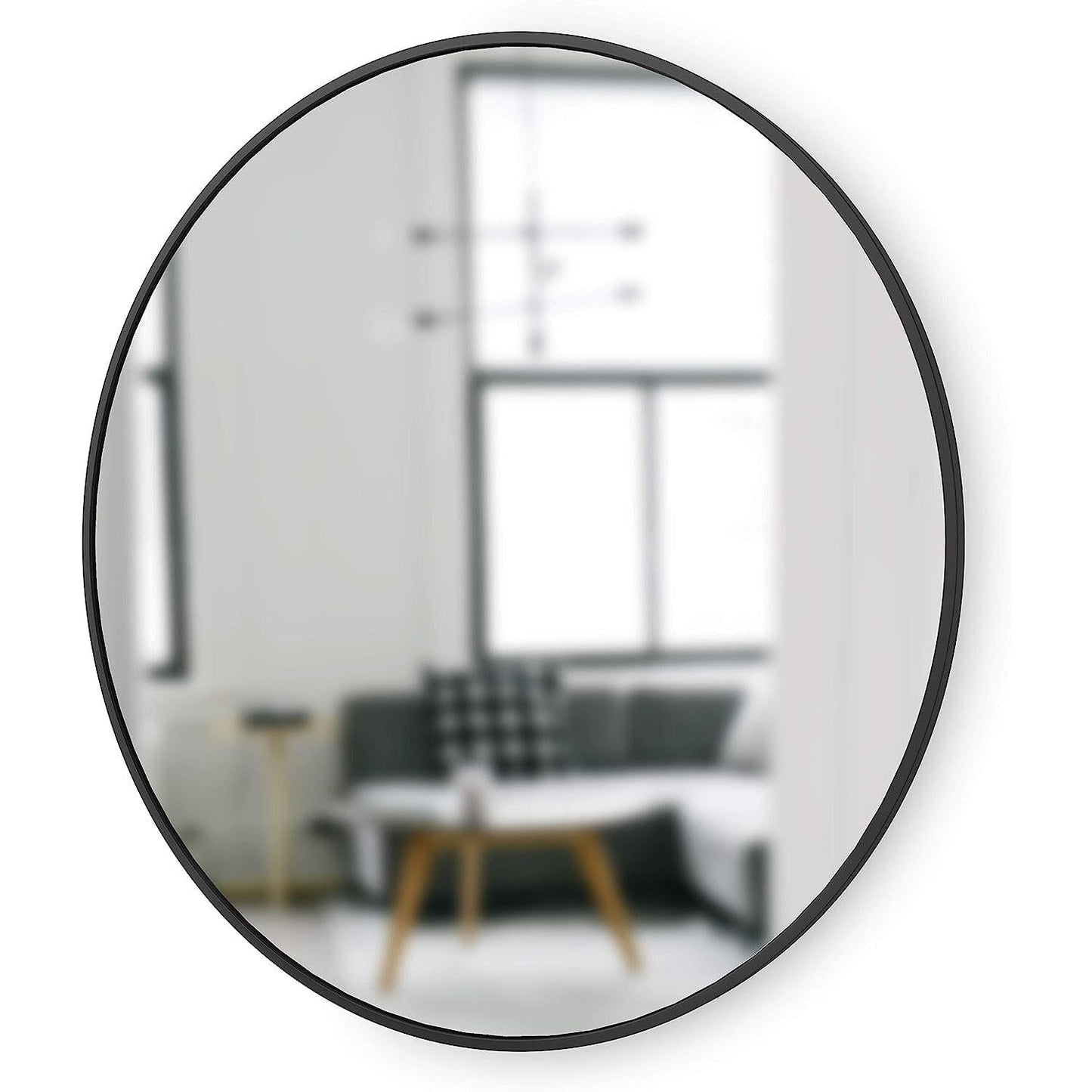 Round Rubber Wall Mirror 37 Inch diameter reflecting modern living room with sleek furniture and bright lighting.