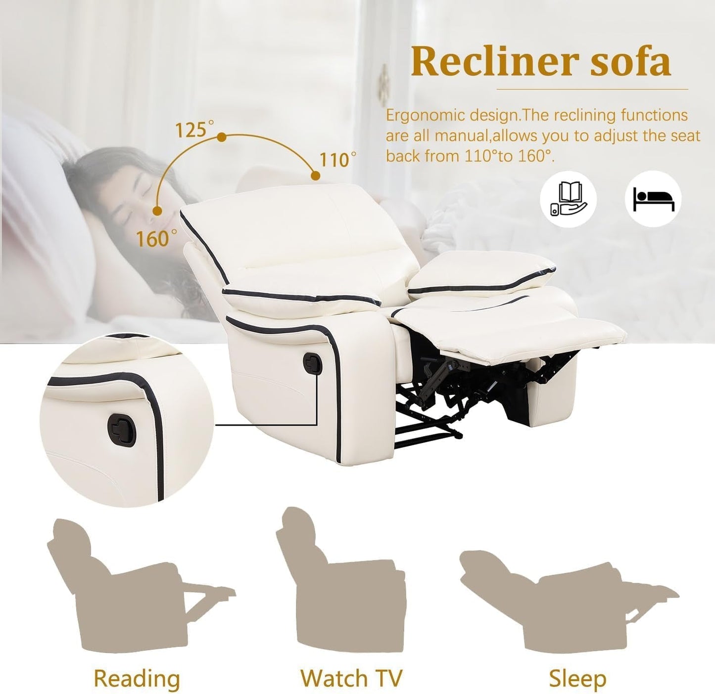 Creamy White Leather Recliner Sofa Set With Storage Console