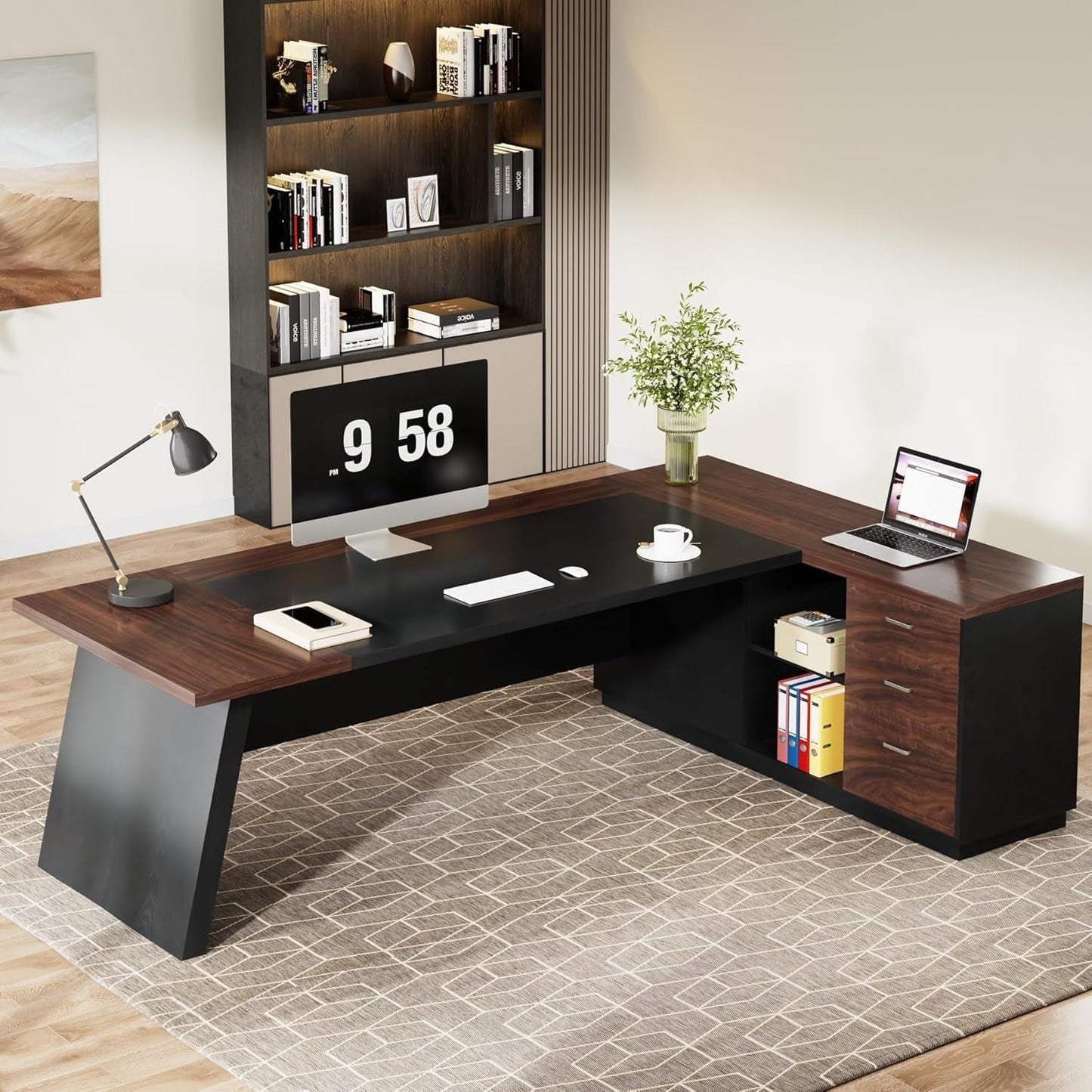 78 Inch L Shaped Executive Desk Walnut Black For Home Office