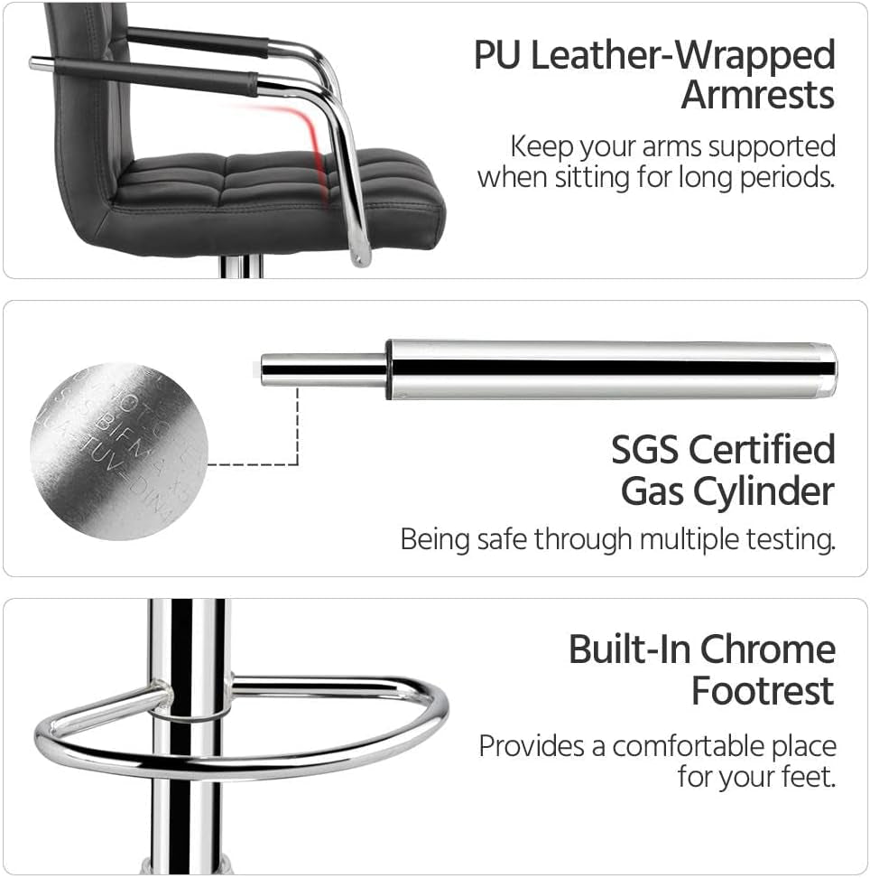 Bar Stools Set Of 2 Adjustable PU Leather Black Swivel