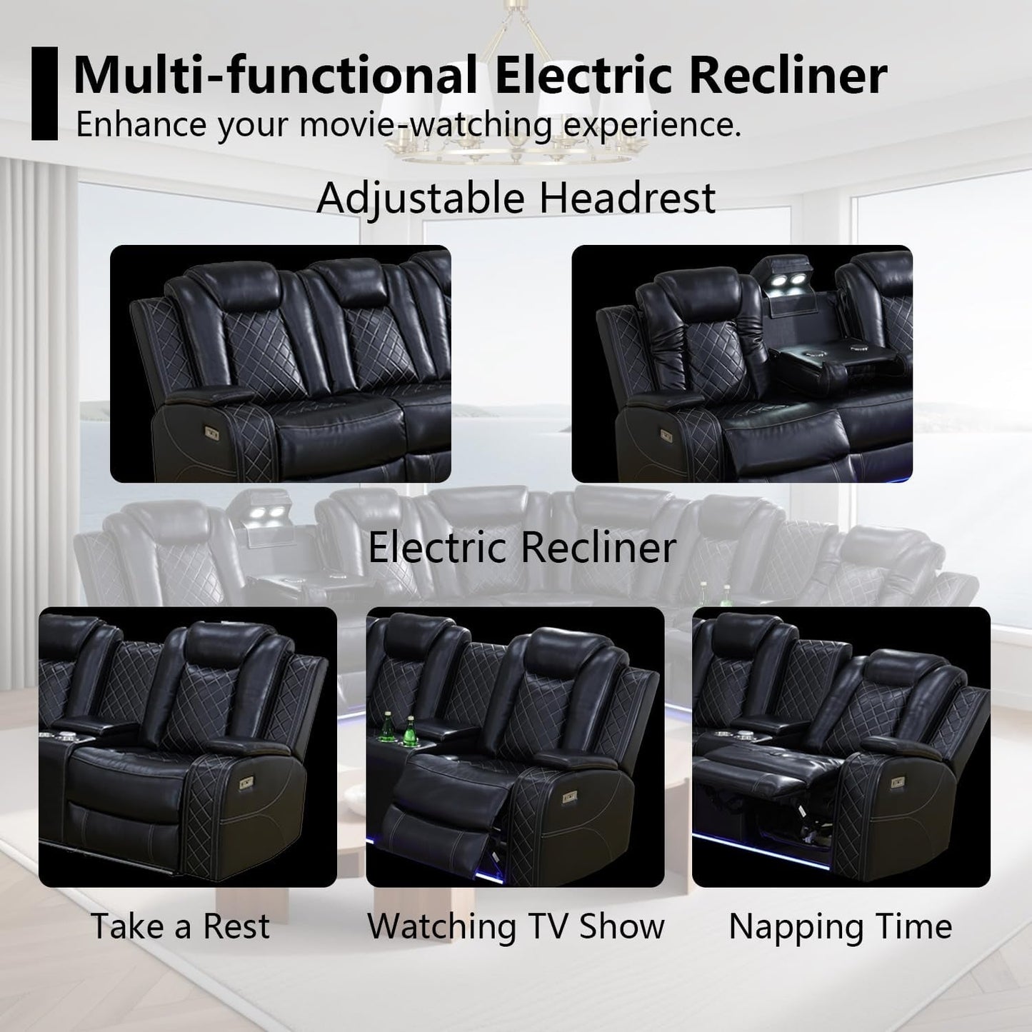 Black Leather Power Reclining Sectional Sofa Living Room