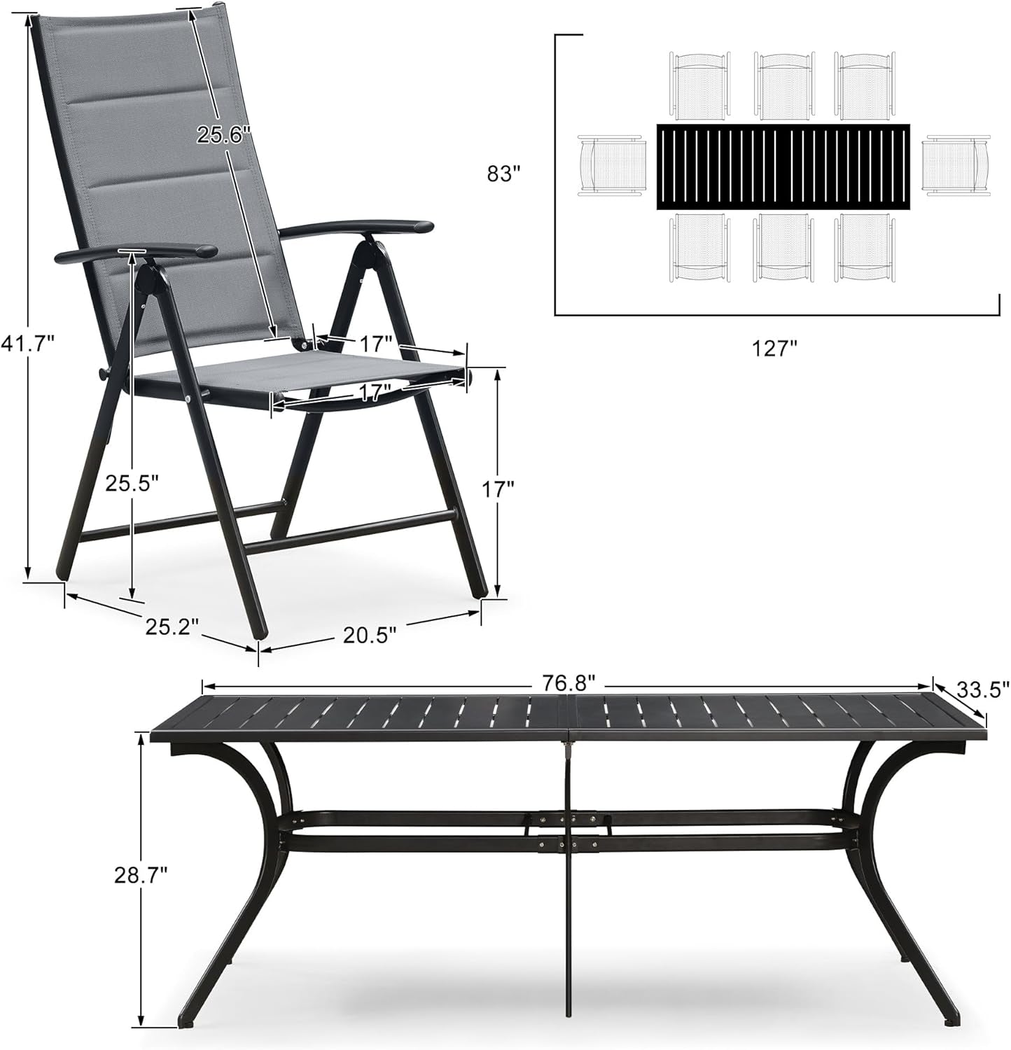 Grey 9 Piece Outdoor Patio Dining Set With 8 Folding Chairs And Aluminum Table