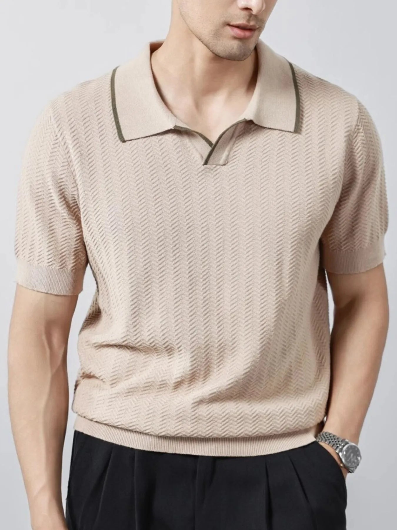 Textured Contrast Trim Short Sleeve Polo
