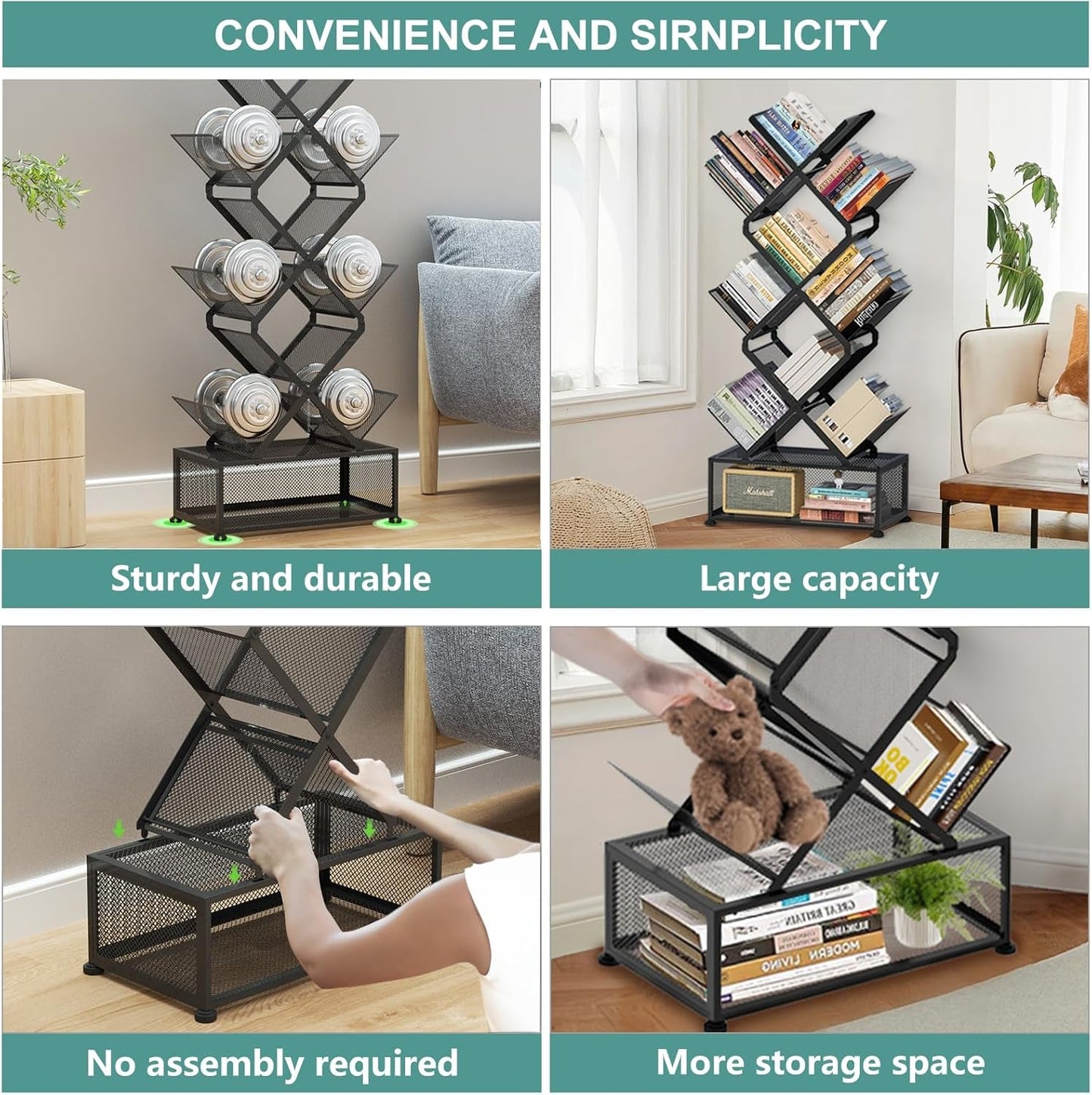 Folding Bookshelf 9 Tier Tree Design With Storage Cabinet