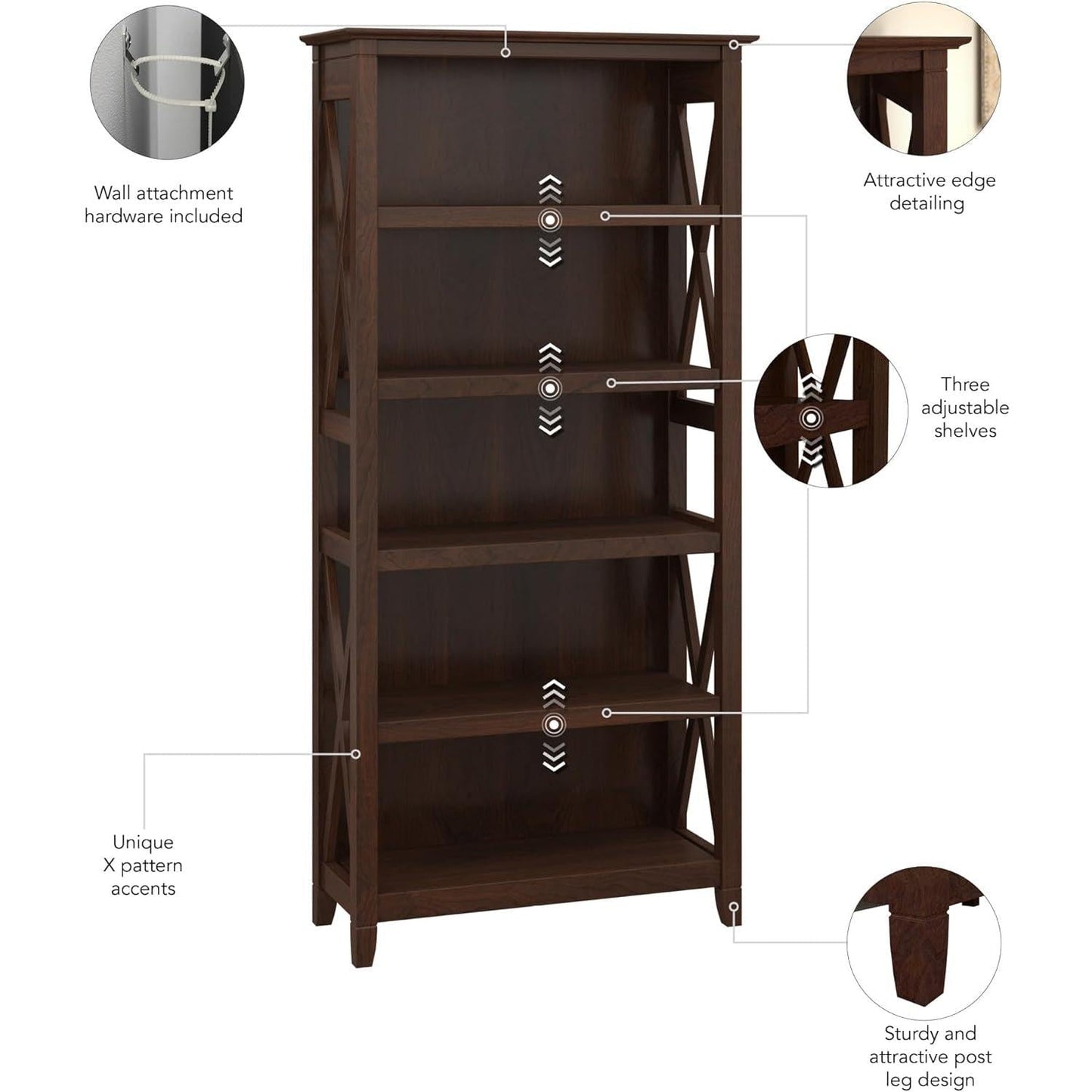 Bush Furniture Tall 5 Shelf Bookcase Bing Cherry Finish