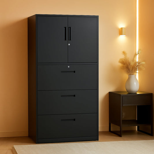 Three Drawer Metal File Cabinet Locking With Storage Shelves Black For Legal Letter A4 Documents