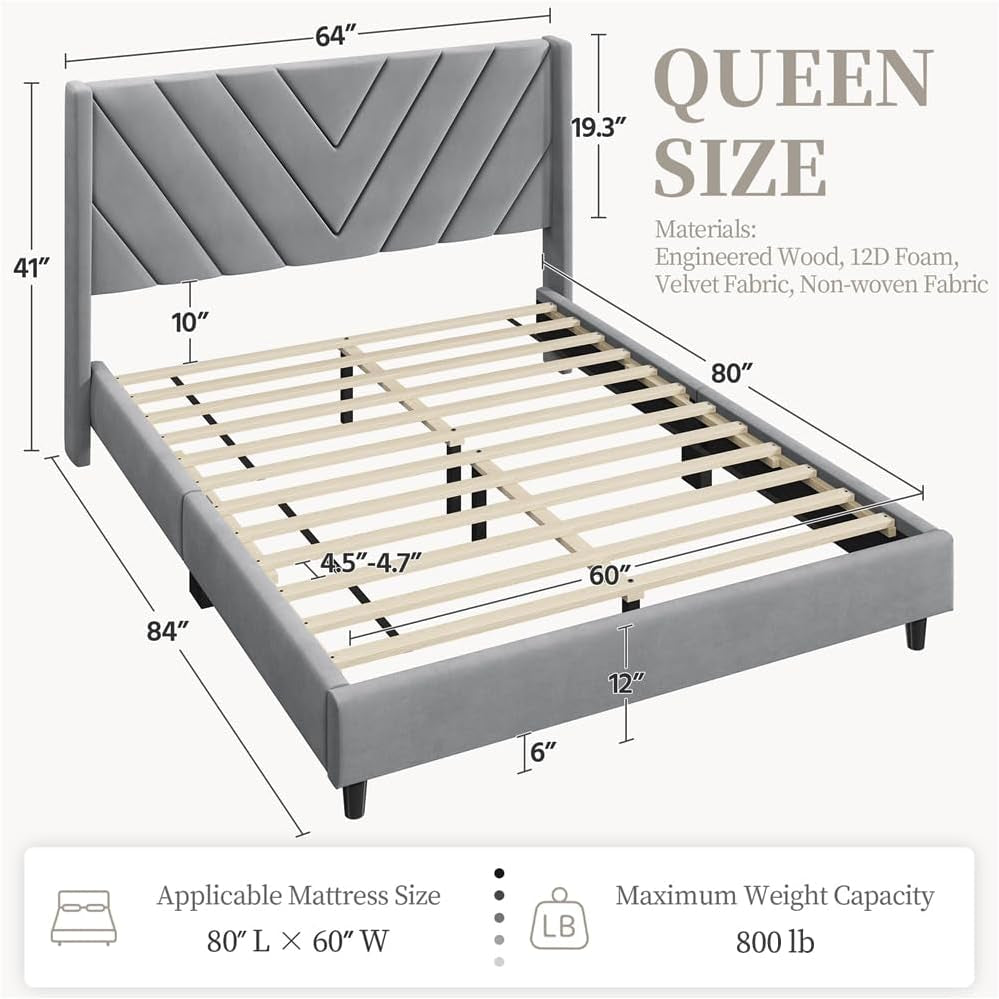 Queen Upholstered Bed Frame With Winged Tufted Headboard Light Gray