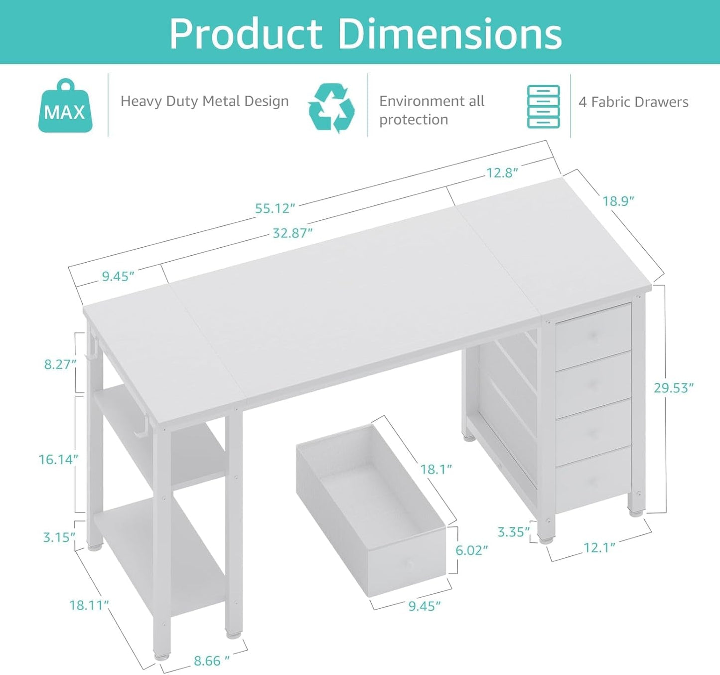 55 Inch White Computer Desk With Fabric Drawers And Storage