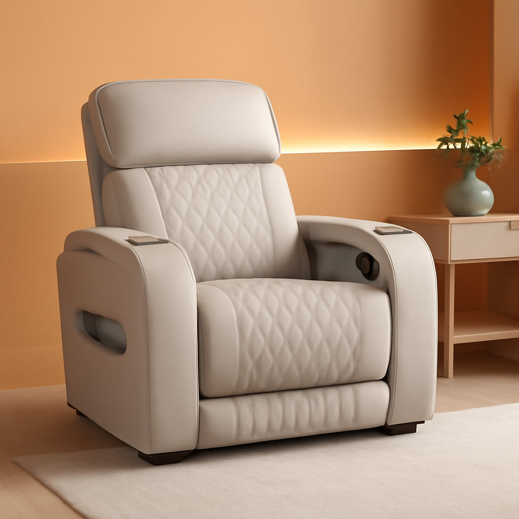 Light Gray Leather Power Recliner With Adjustable Headrest