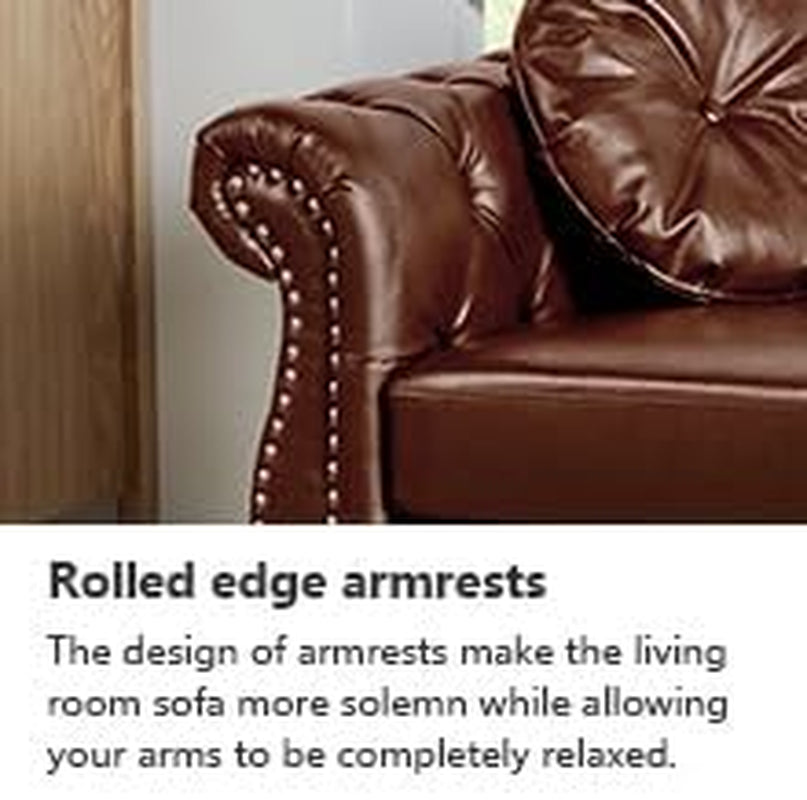 2 Piece Living Room Set Mid-Century Modern Chesterfield Chair Loveseat in Brown PU Leather Edition