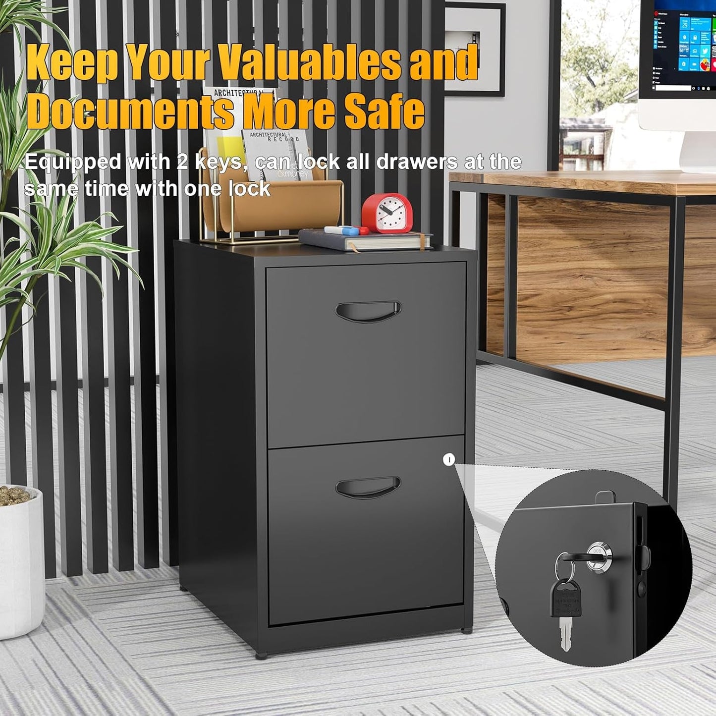 2 Drawer Metal File Cabinet With Lock Black 18 Inch Depth Vertical Filing Cabinet For Home Office Letter Size