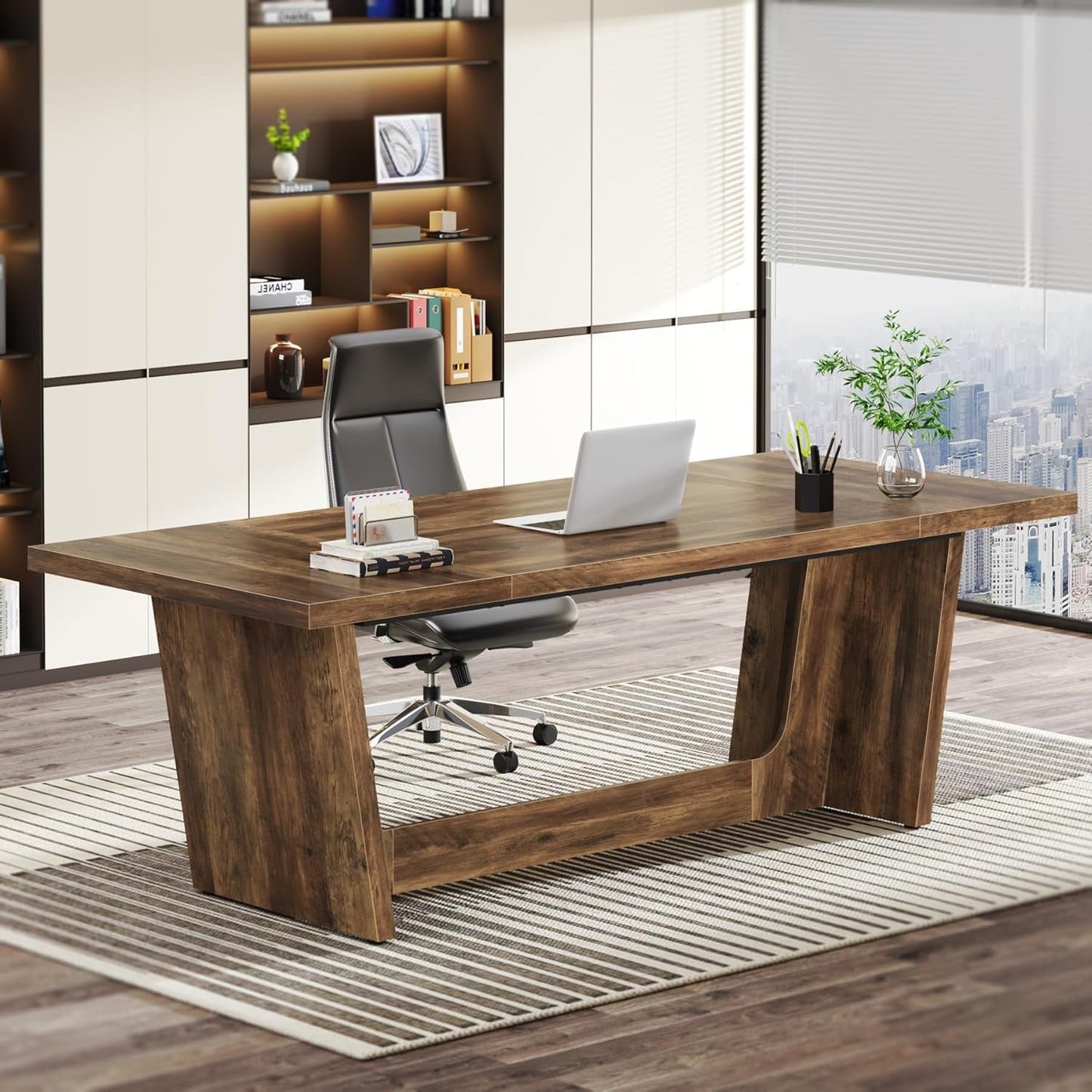 71 Inch Brown Executive Wood Computer Desk For Home Office