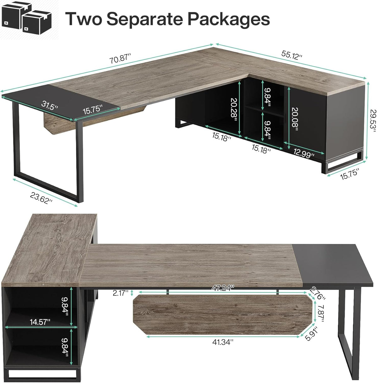 70.8" L-Shaped Executive Desk with 55" File Cabinet
