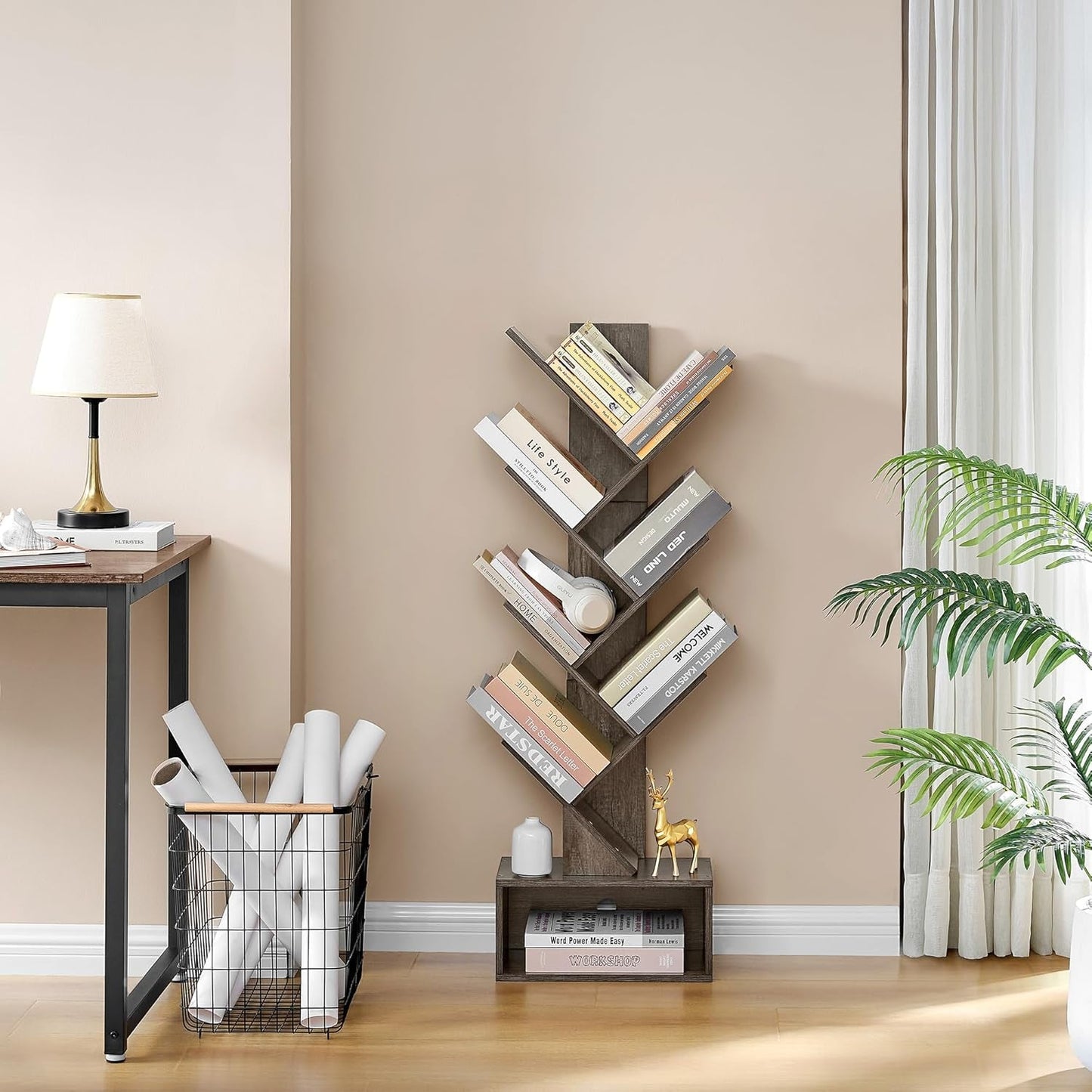 6 Tier Tree Bookshelf Bookcase With Drawer Grey Office