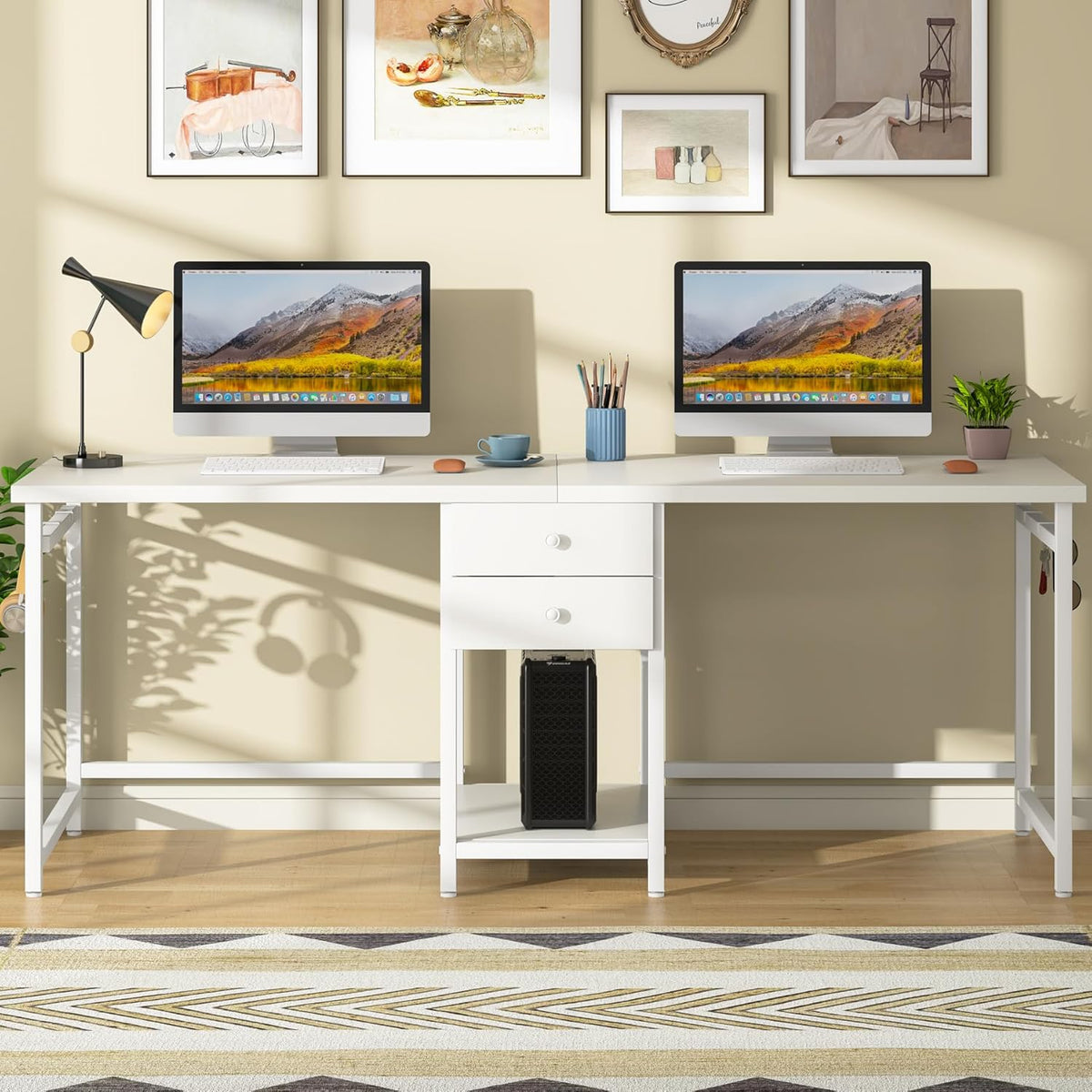 79-Inch Two Person Computer Desk with Drawers and Storage Shelves