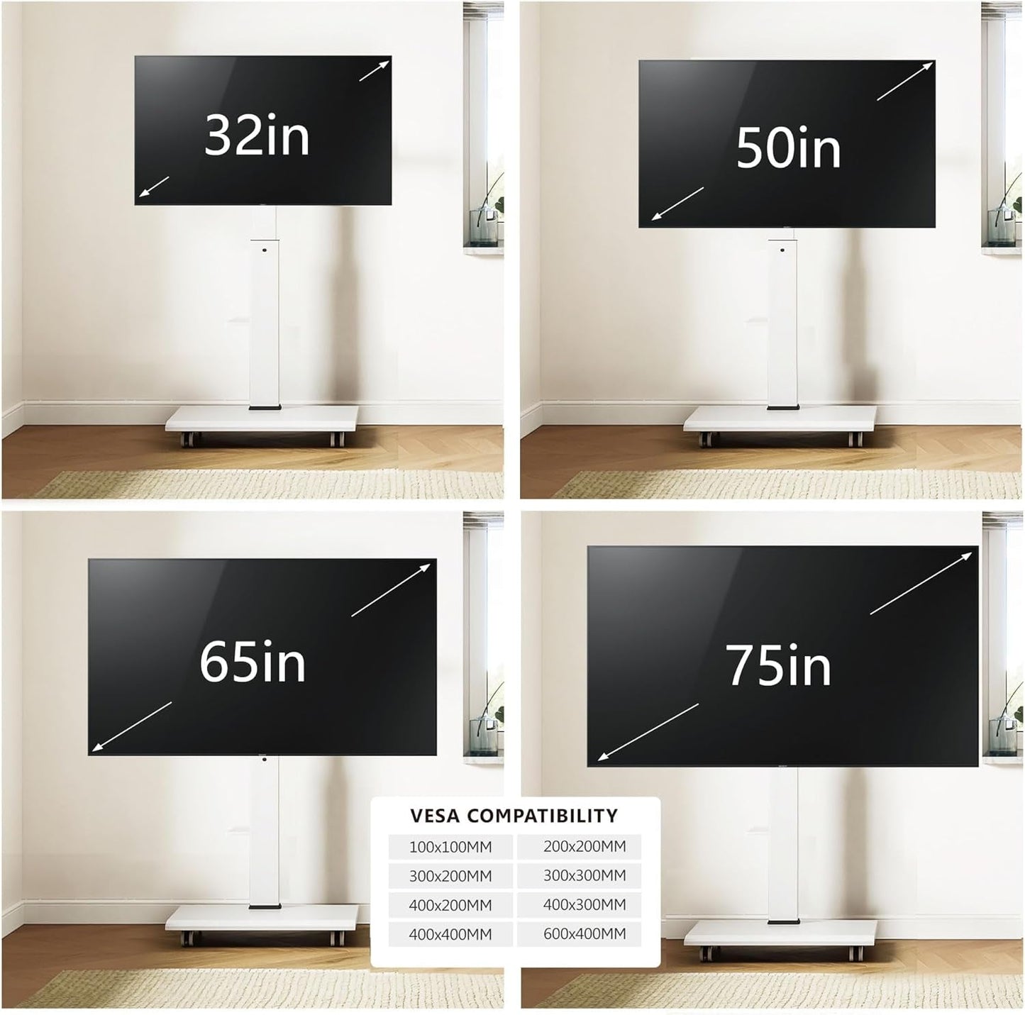 Rolling TV Stand On Wheels For 32 To 75 Inch TVs With 40 Degree Swivel