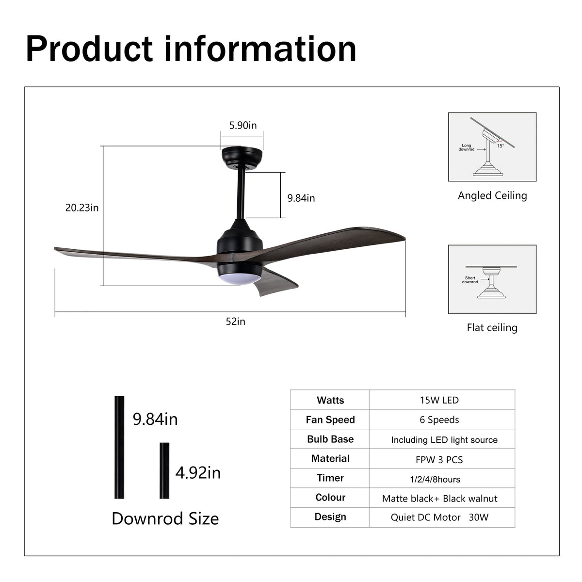 52" Solid Wood Blades Ceiling Fan with Lights Remote Control
