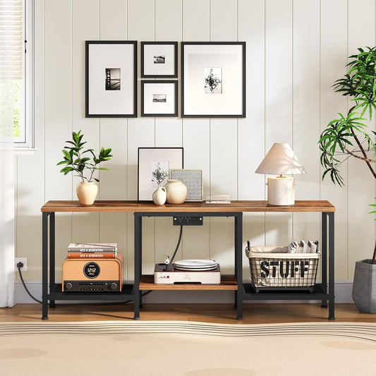 Rustic Brown And Black LED TV Stand With Charging Station Up To 55 Inches