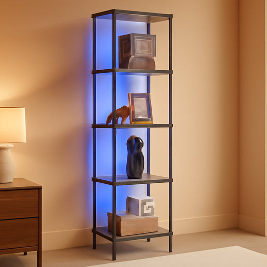 Display Shelf With RGBW Light Floor Lamp 5 Tier Brown
