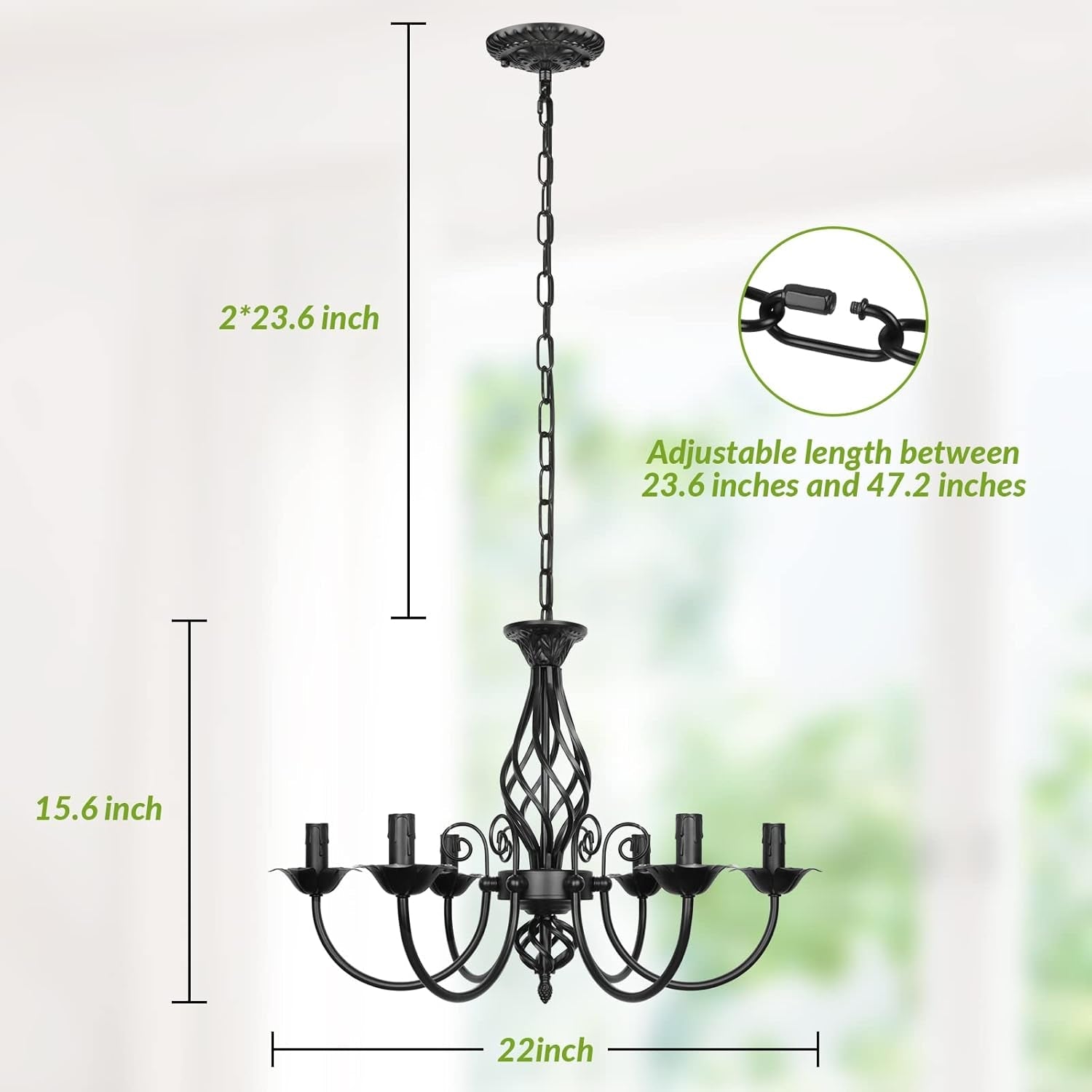 Six Light Matte Black Farmhouse Ceiling Chandelier Fixture with adjustable length, featuring elegant design and rustic charm.
