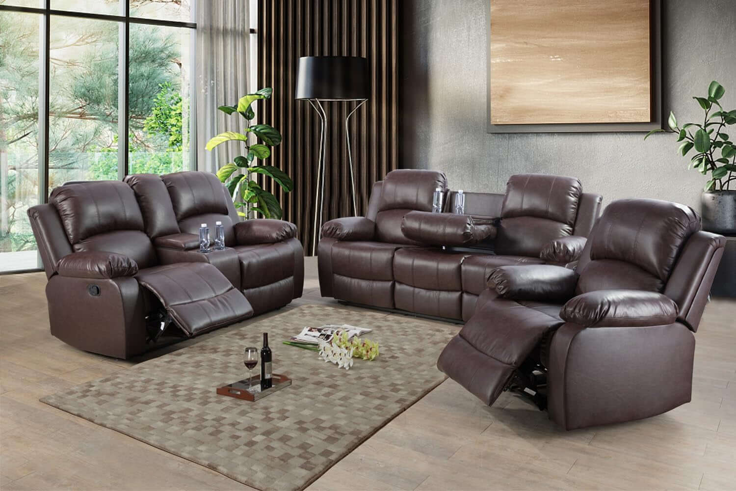 Brown Faux Leather Reclining Living Room Set Sofa Loveseat Chair in modern living room setting with large windows