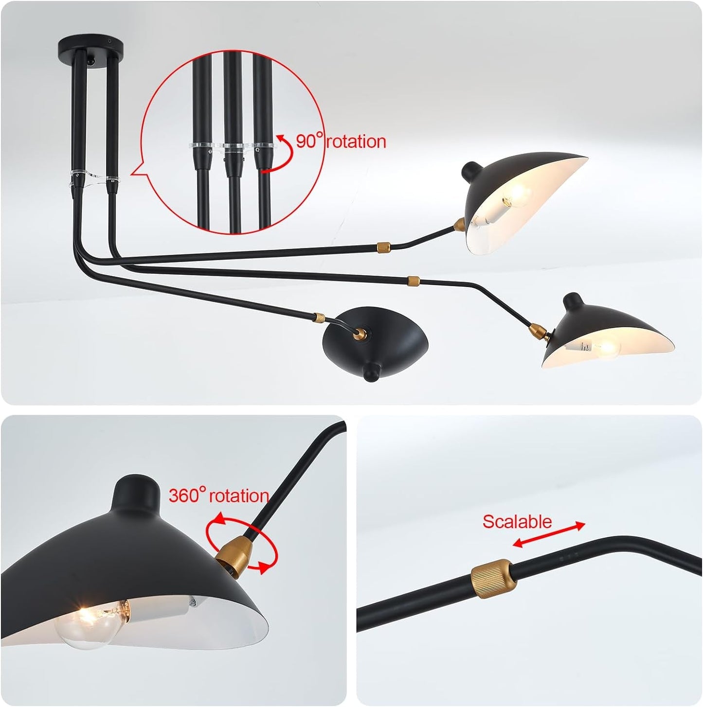 Matt Black Three Arm Adjustable Pendant Light Chandelier