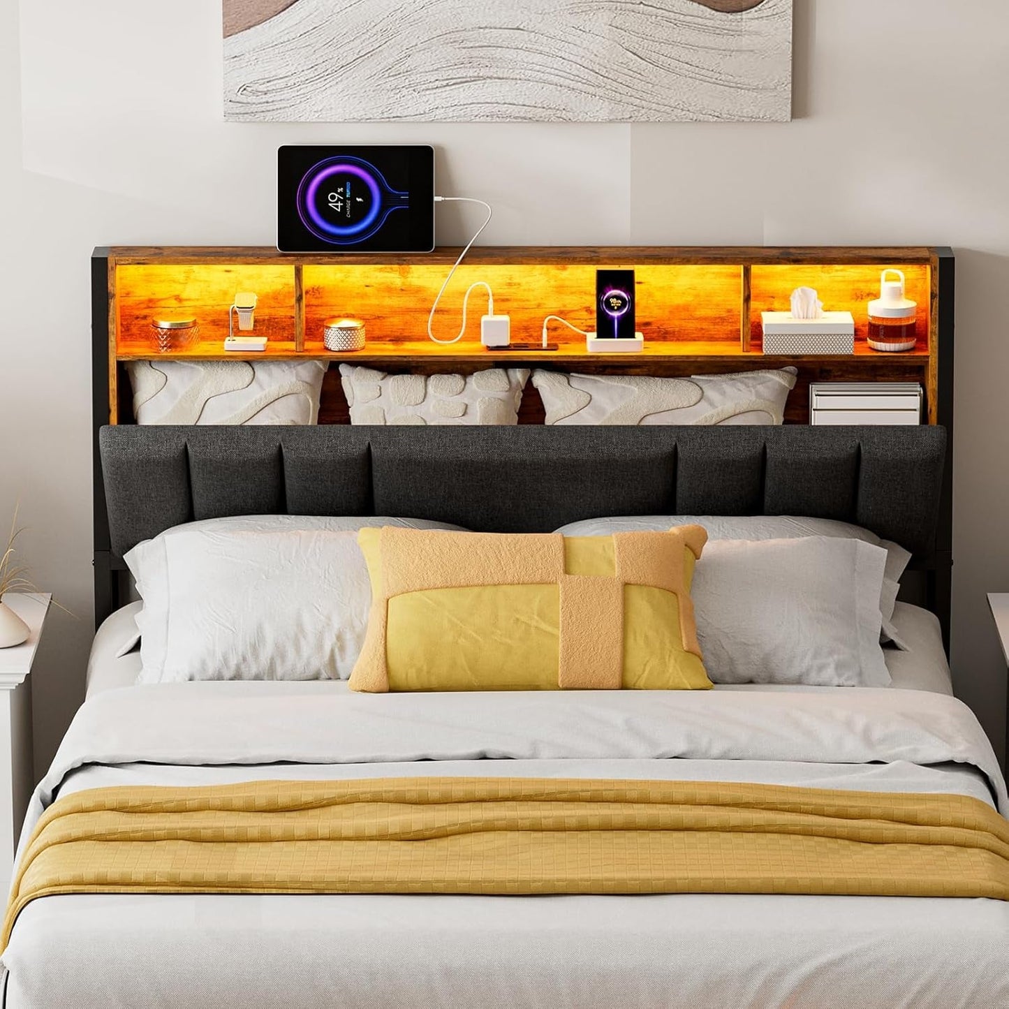 Ergonomic Queen Size Headboard with LED Lights Storage
