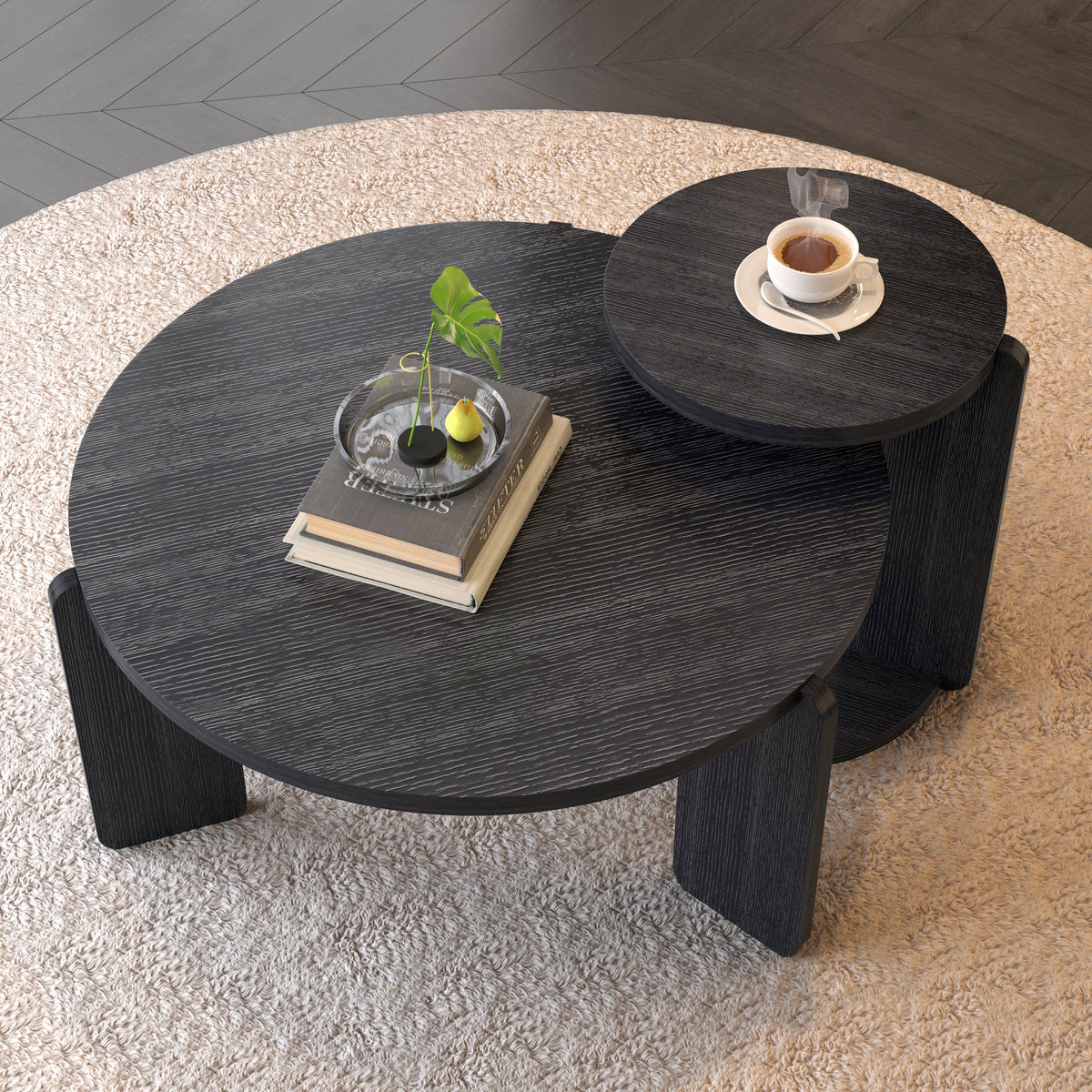 Nesting Round Wood Coffee Table with End Table Set of 2
