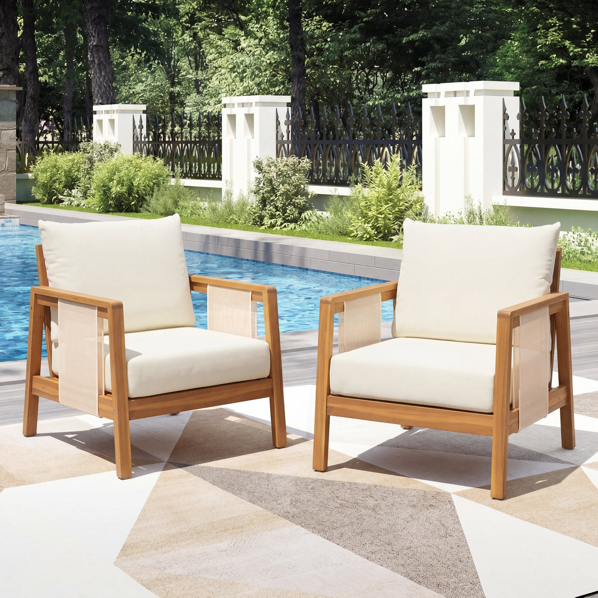 Outdoor Club Chair Set of 2 with Acacia Wood Frame in Teak Look