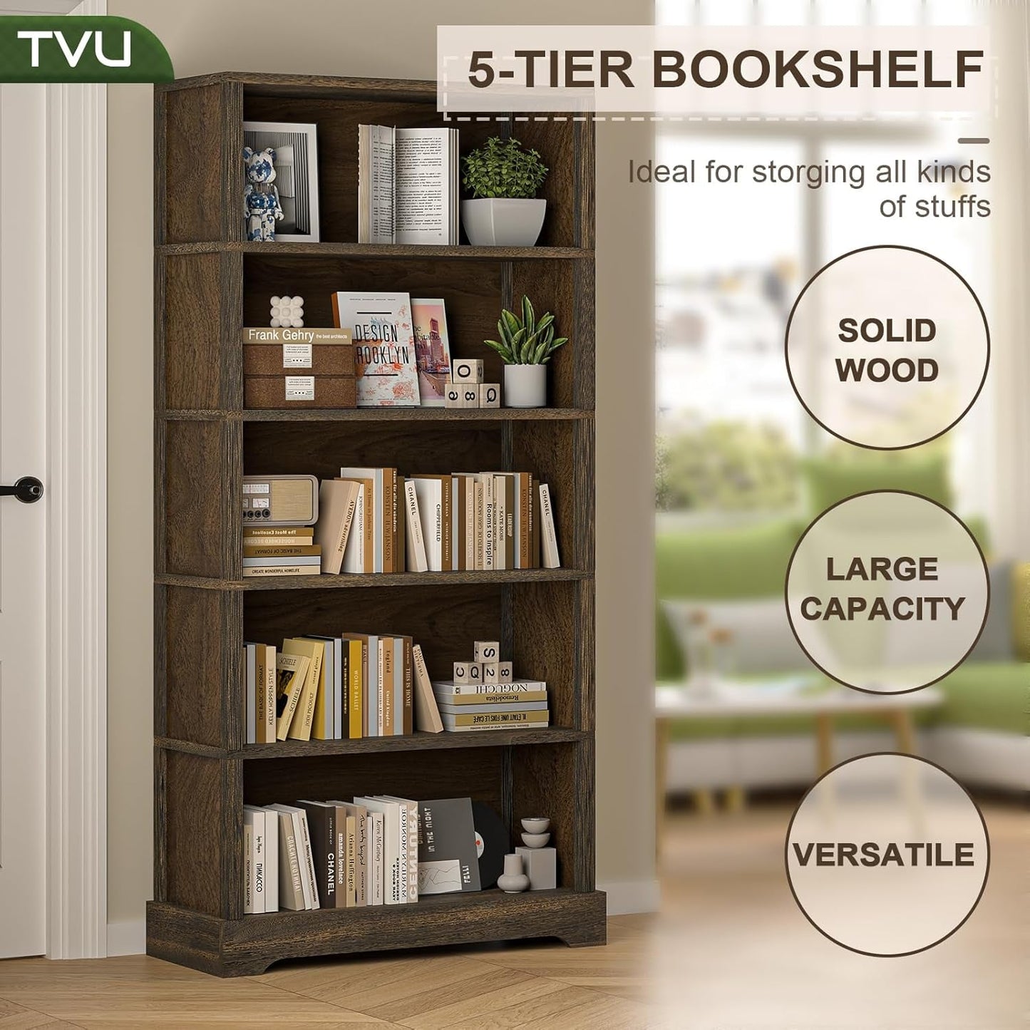65 Inch Solid Hardwood Bookshelf With Five Tier Open