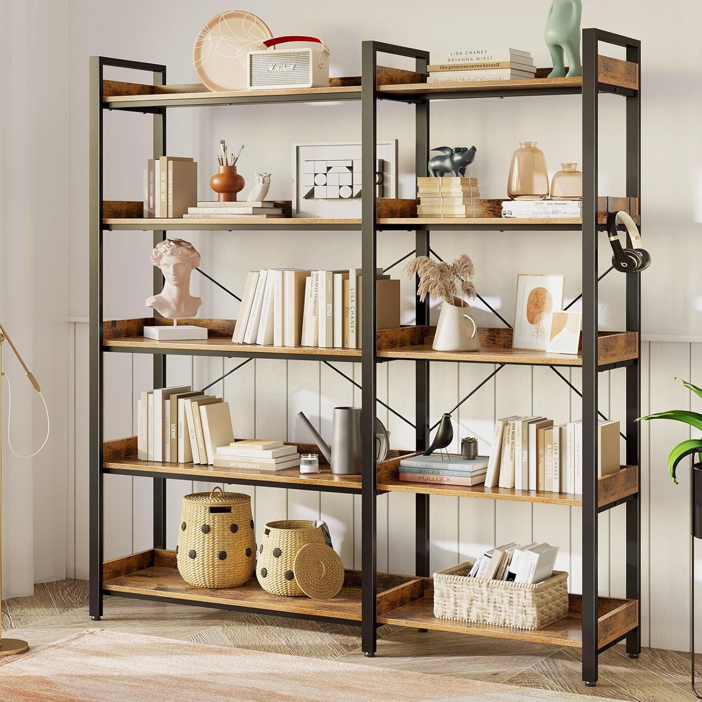 65 Inch Five Tier Corner Bookshelf With Open Shelves