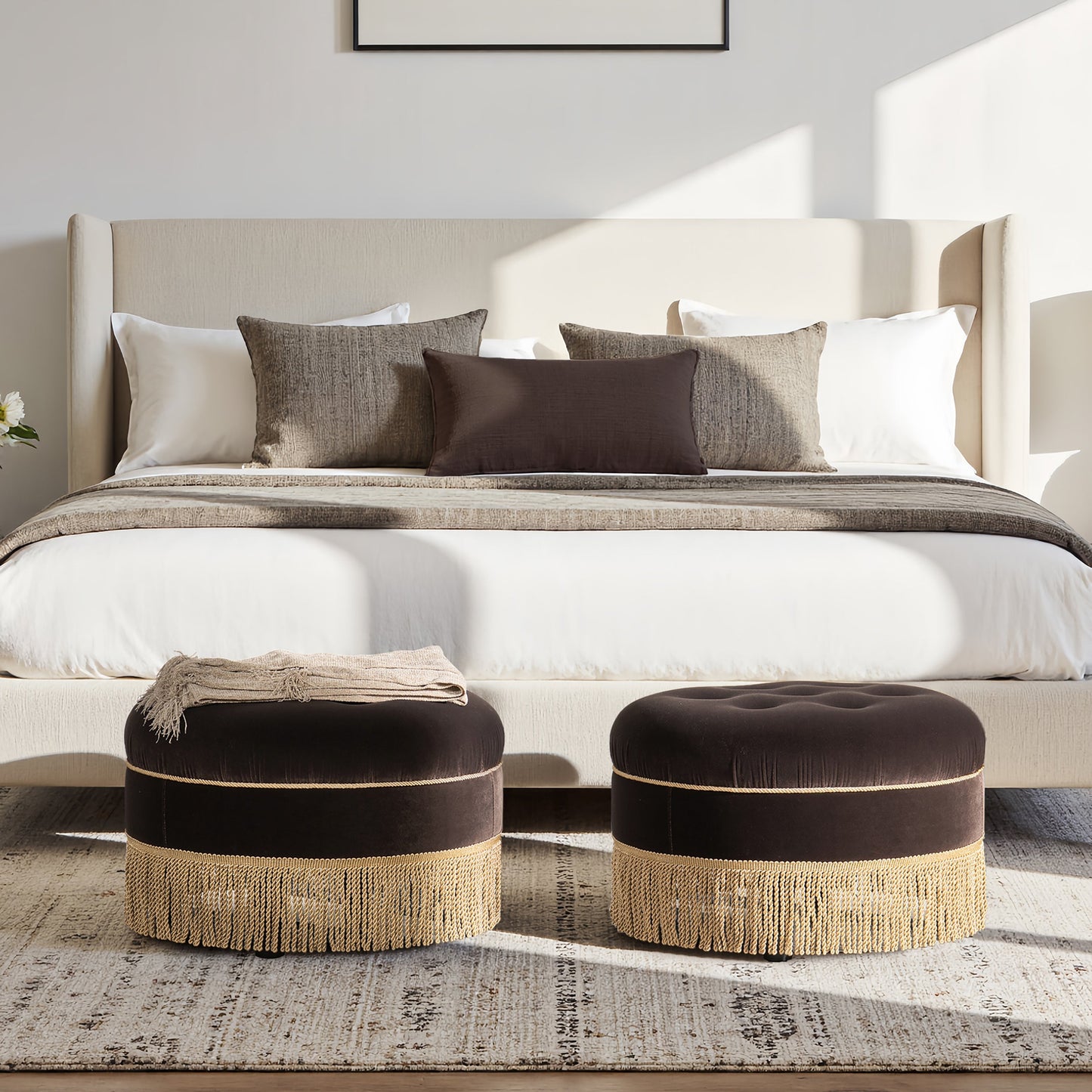 Yolanda 24" Round Upholstered Accent Ottoman Deep Brown Performance Velvet
