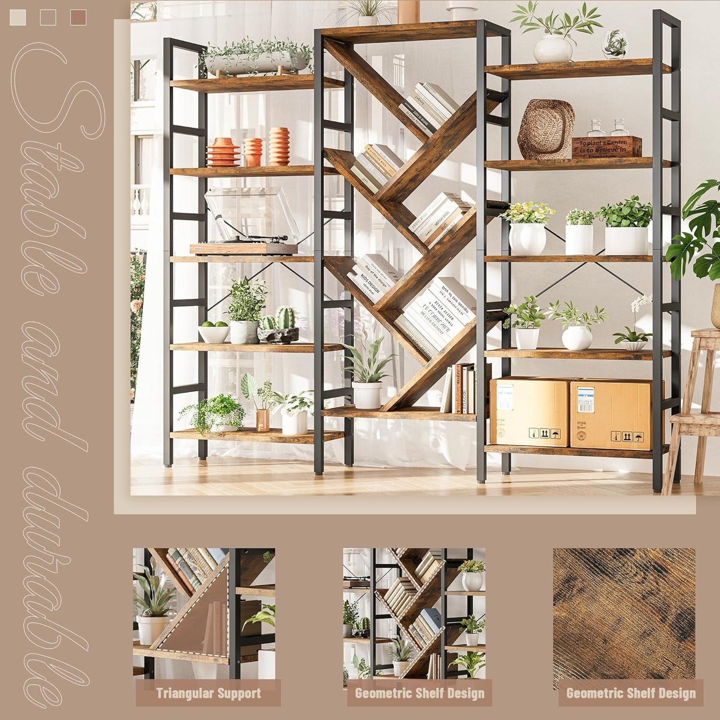 Rustic Brown 5 Tier Wooden Bookcase With Metal Frame