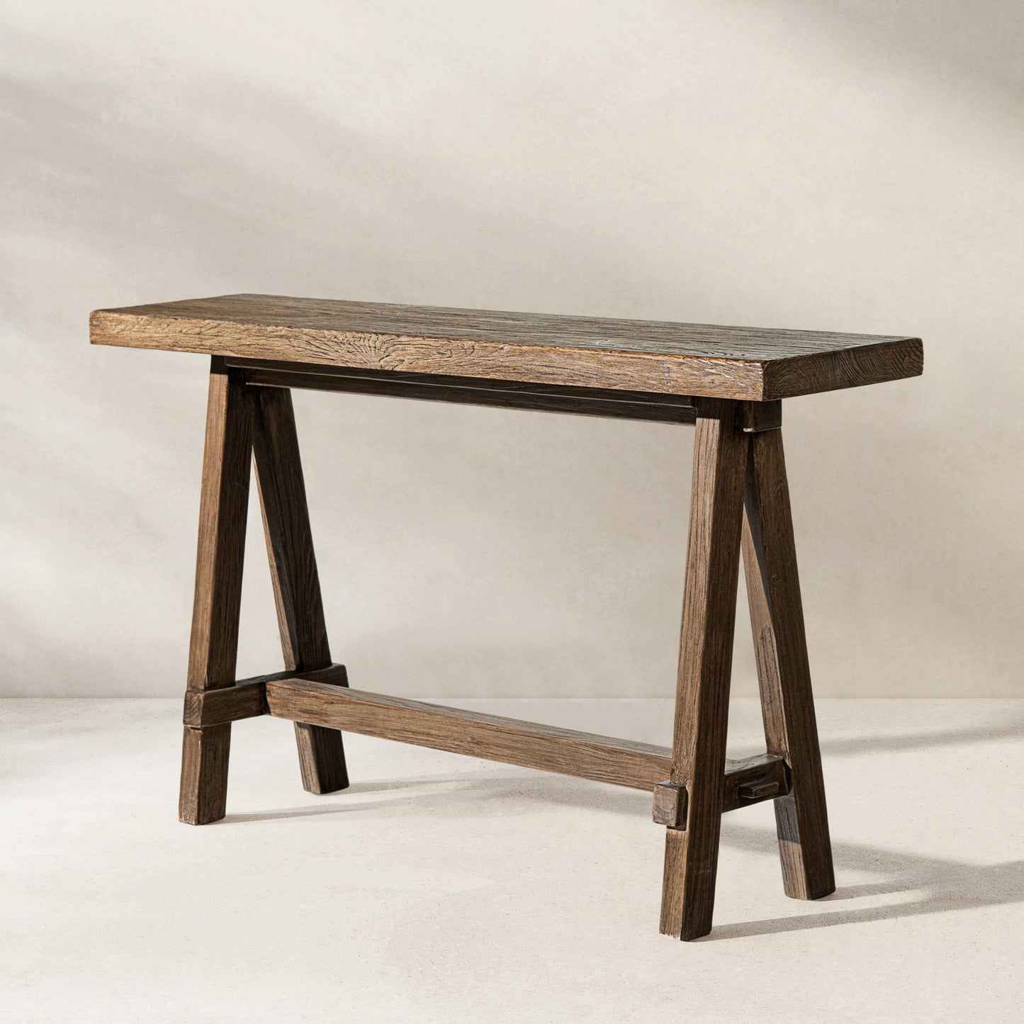 Hawthorne 60' Solid Reclaimed Elm Trestle Console Table, Heritage Medium-Dark Brown