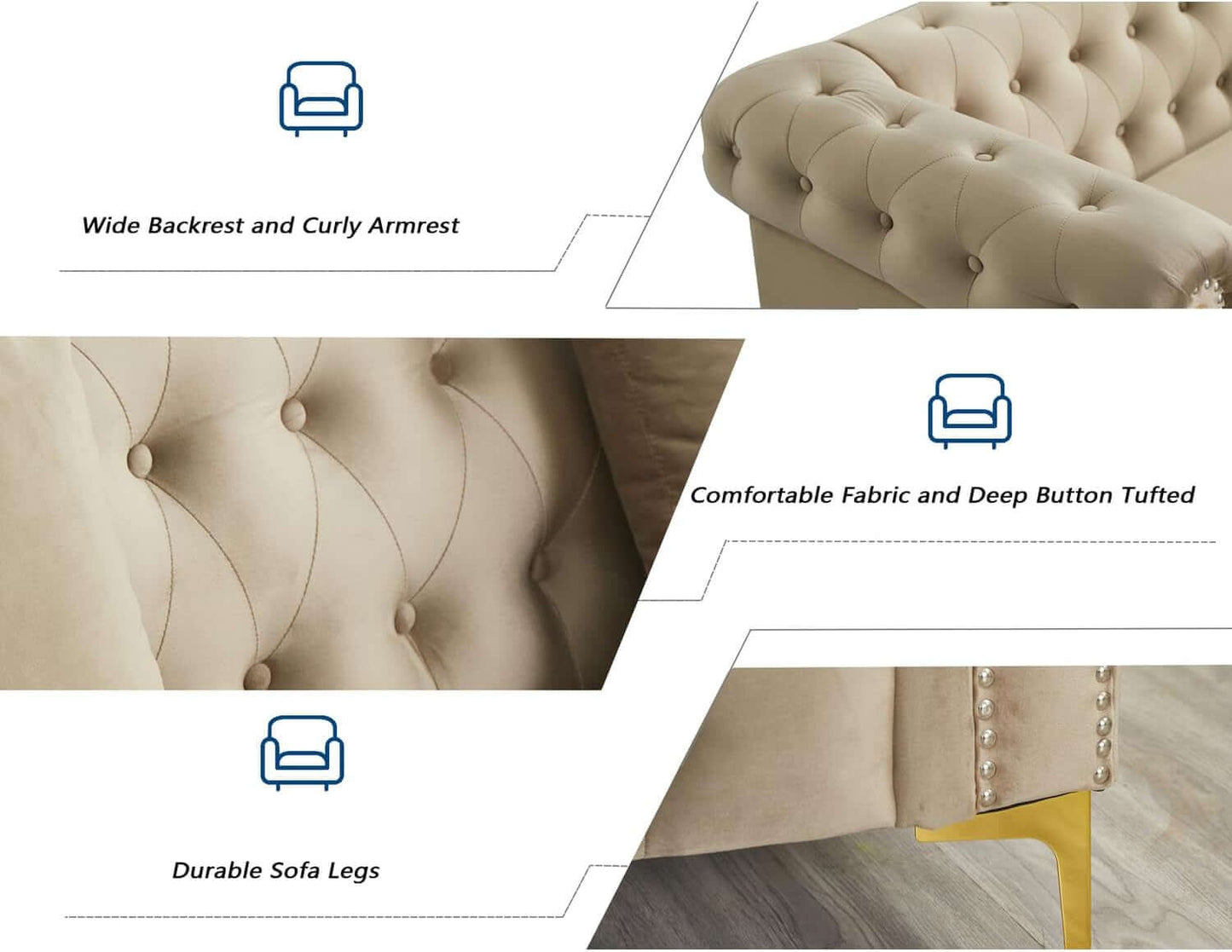 Three Piece Living Room Set Mid Century Sofa Armchair Loveseat Beige With Button Tufting And Nailhead Trim