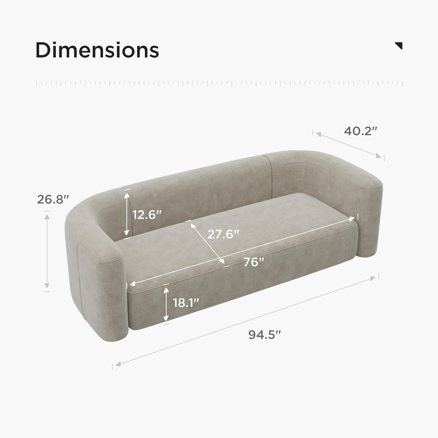 Cream Velvet 3 Seater Modern Sofa With Curved Backrest