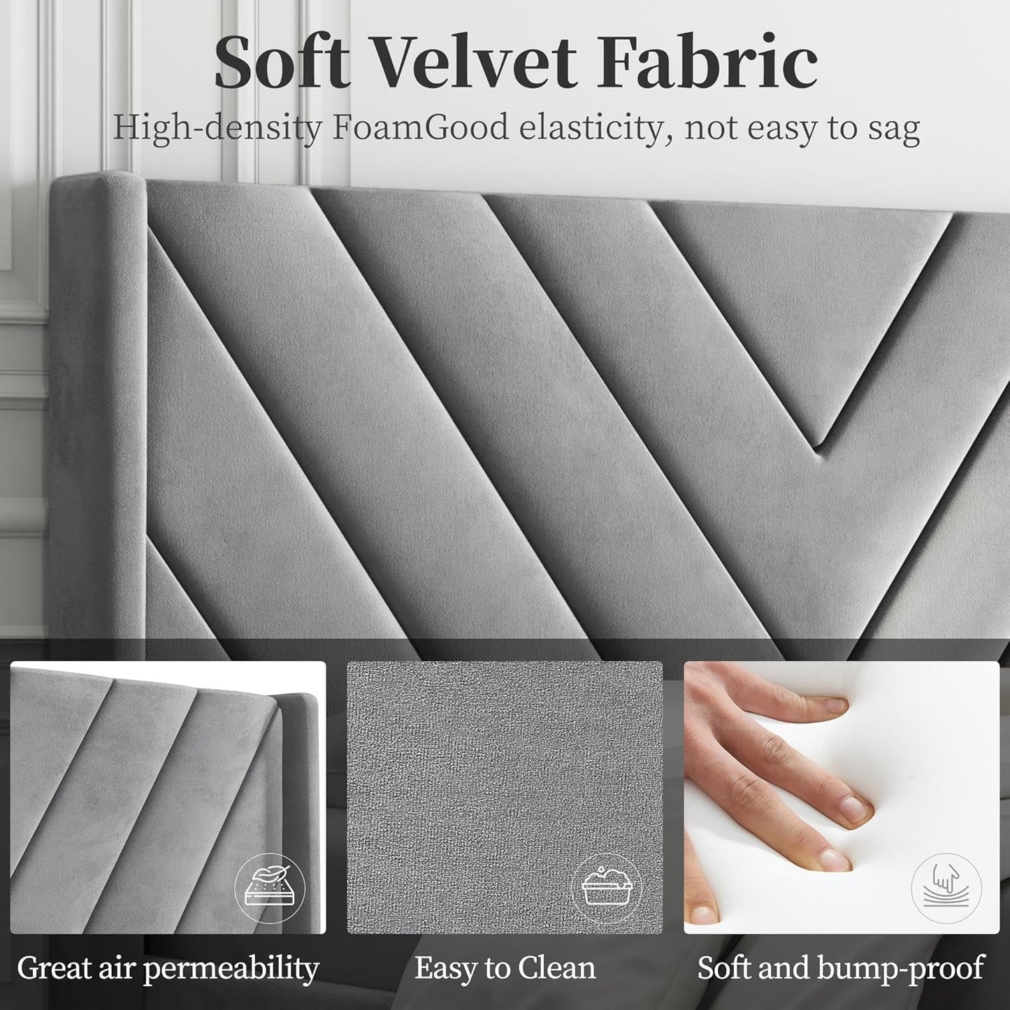 Queen Upholstered Bed Frame With Winged Tufted Headboard Light Gray