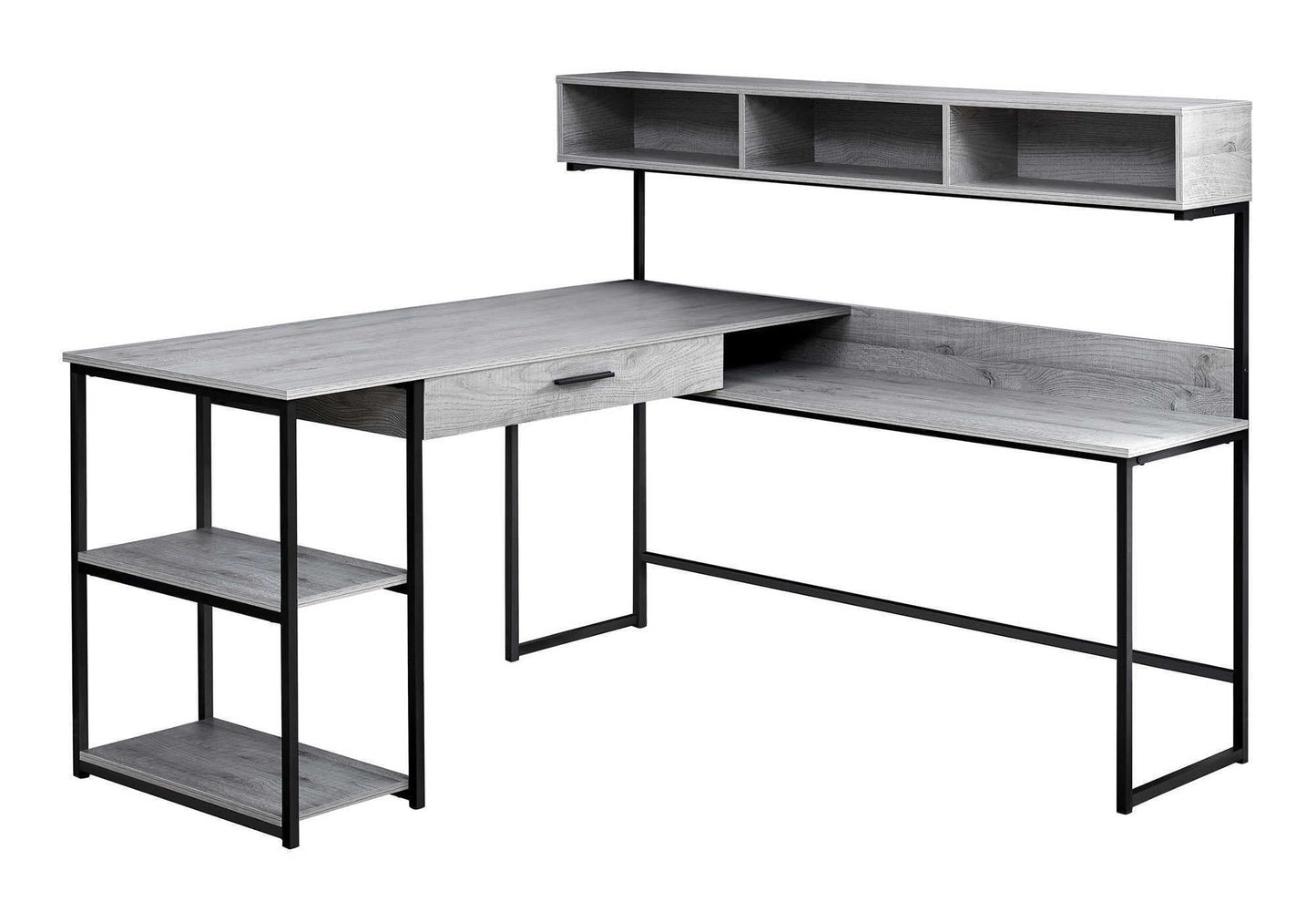 Computer Desk, Home Office, Corner, Storage Drawers, L Shape, Work, Laptop, Grey Laminate, Black Metal, Contemporary, Modern