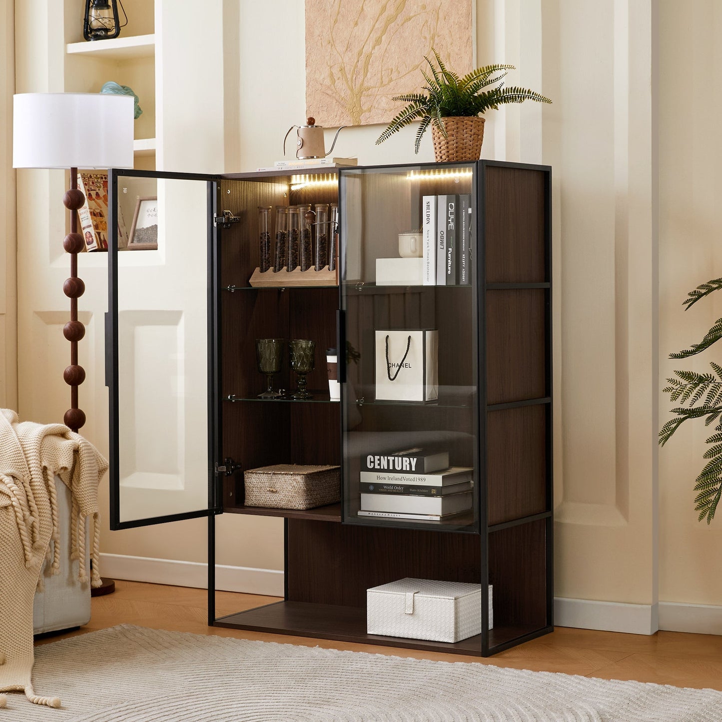 Modern Minimalist 51.2'' Tall Lighted Display Cabinet with Tempered Glass