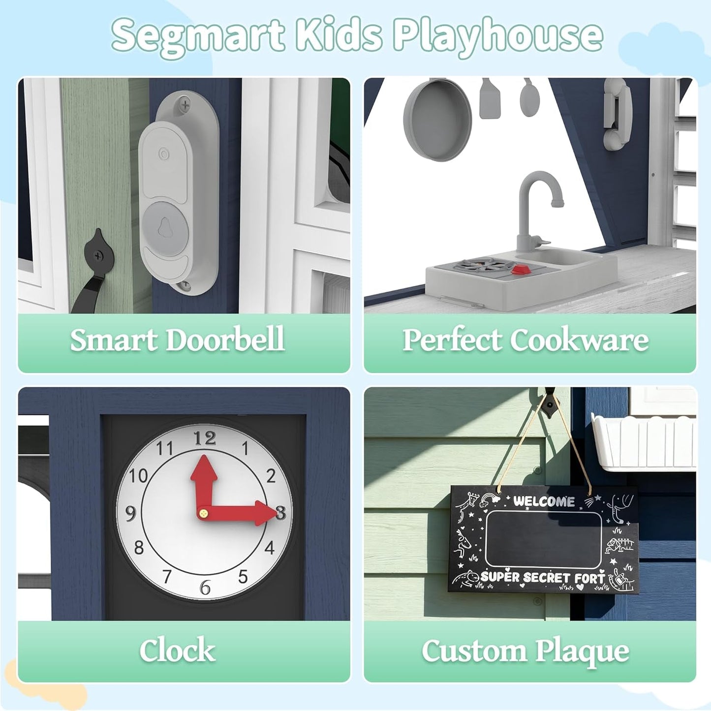 Blue Outdoor Kids Playhouse With Kitchen Doorbell Panel