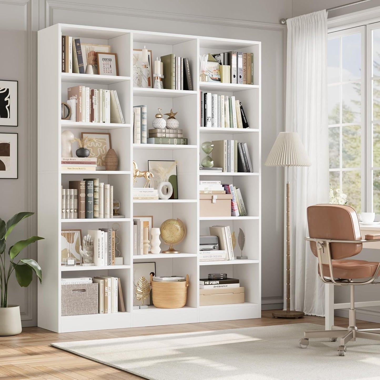Triple Wide White Bookshelf 6 Tier 74 Inch Tall Unit
