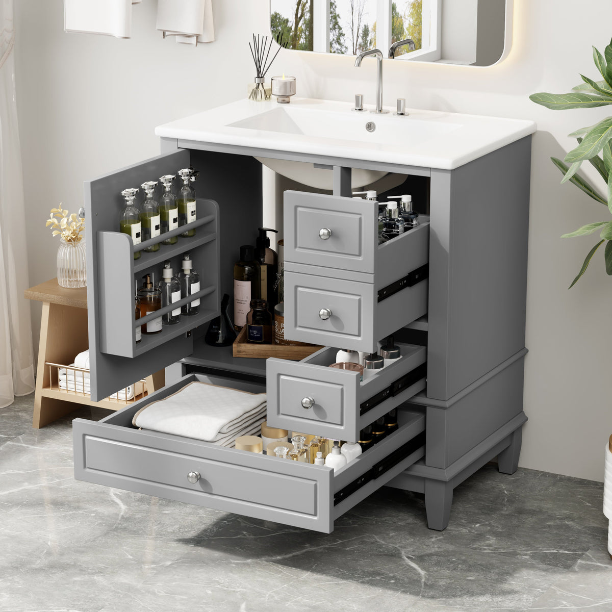 30" Bathroom Vanity with Sink, One Door with Shelf and Three Drawers